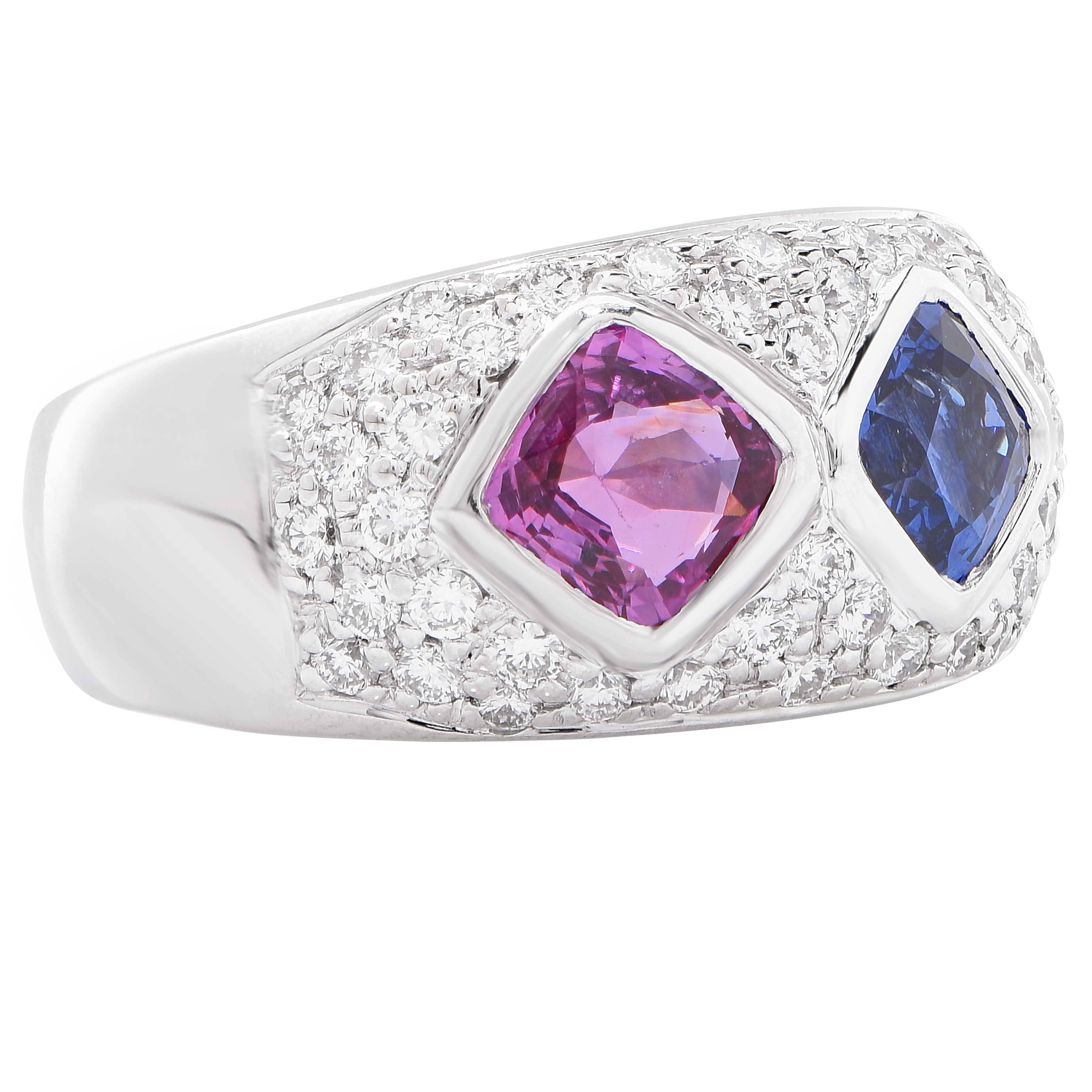 Women's Pink and Blue Sapphire Diamond White Gold Ring