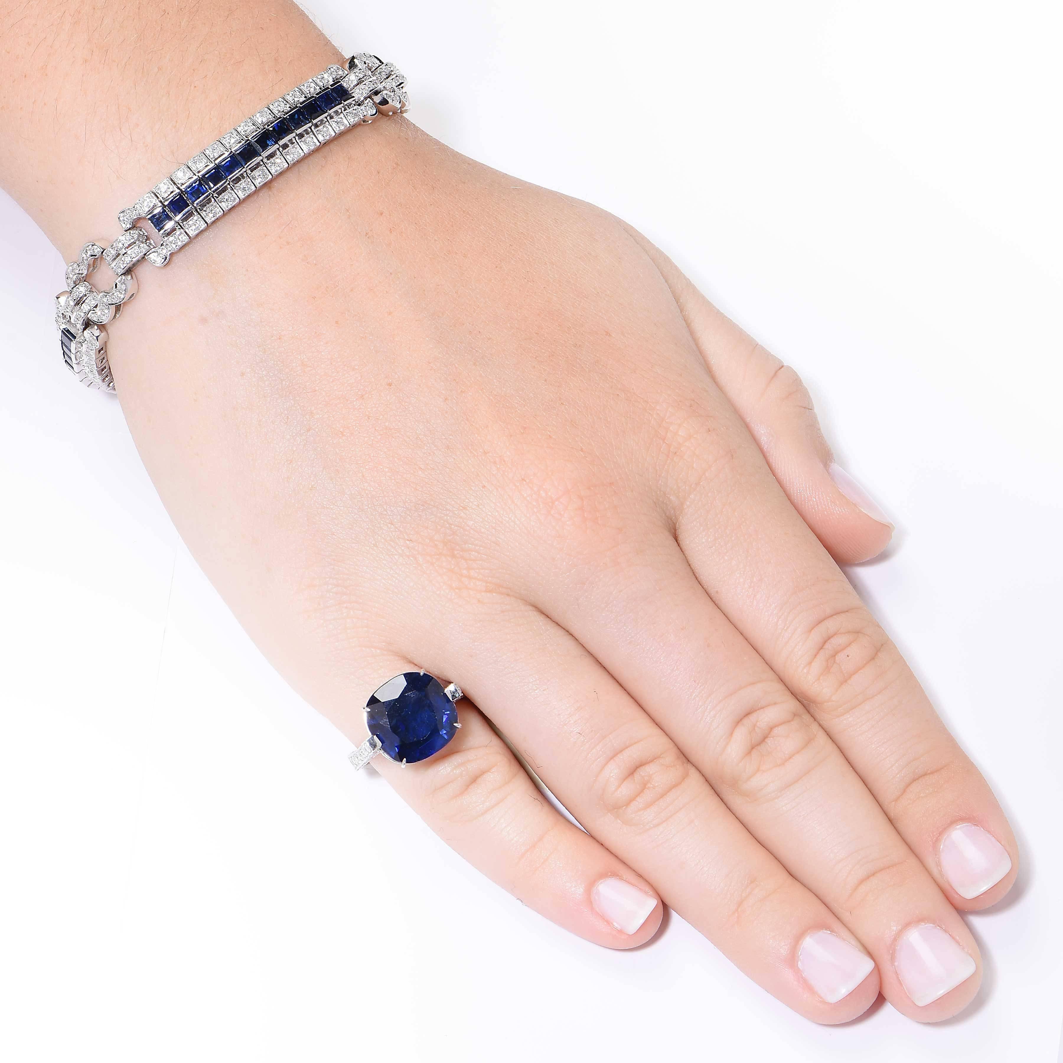 This stunning bracelet features square cut sapphires with an estimated total weight of 7.25 carats and round brilliant cut diamonds with an estimated total weight of 2.9 carats.

Length:  7 1/8 Inches
Metal Type: 18 Kt White Gold
Metal Weight: 39.1