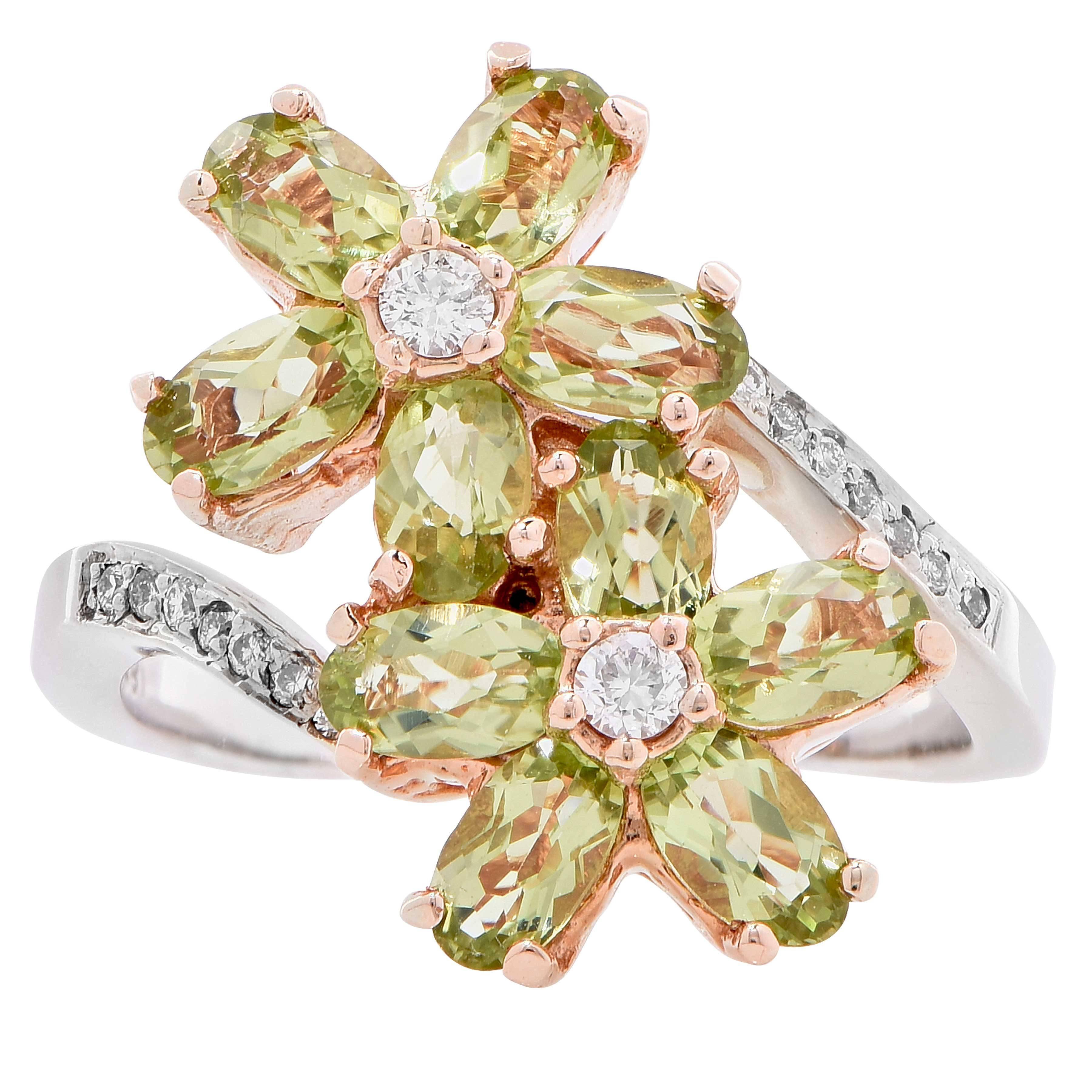 Oval Cut Peridot and Diamond Flower Ring For Sale