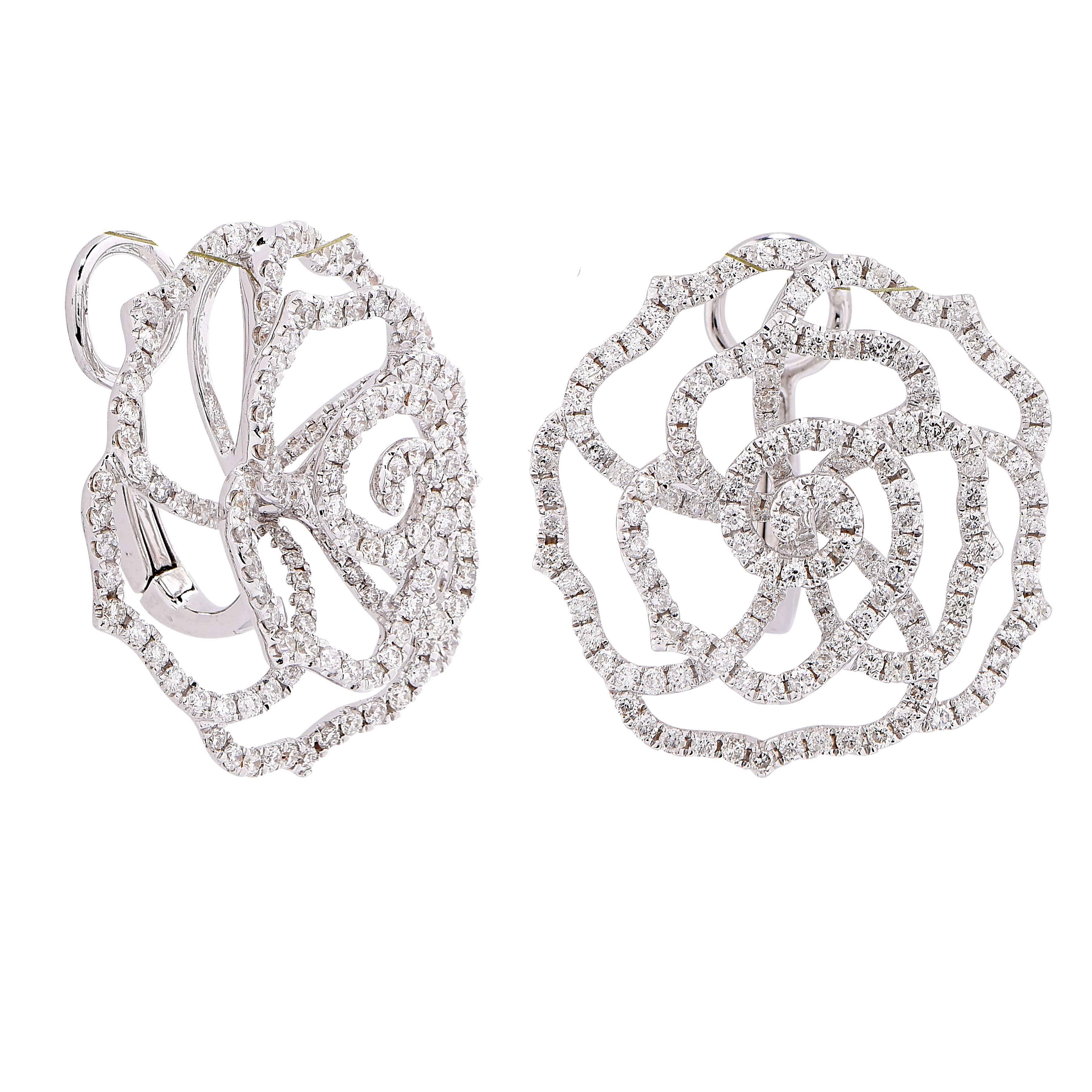 These modern rose shaped diamond earrings feature 348 single cut diamonds with an estimated total weight of 2.20 carats set in 18kt white gold.

Metal Type: 18Kt White Gold
Metal Weight: 8.5 Grams