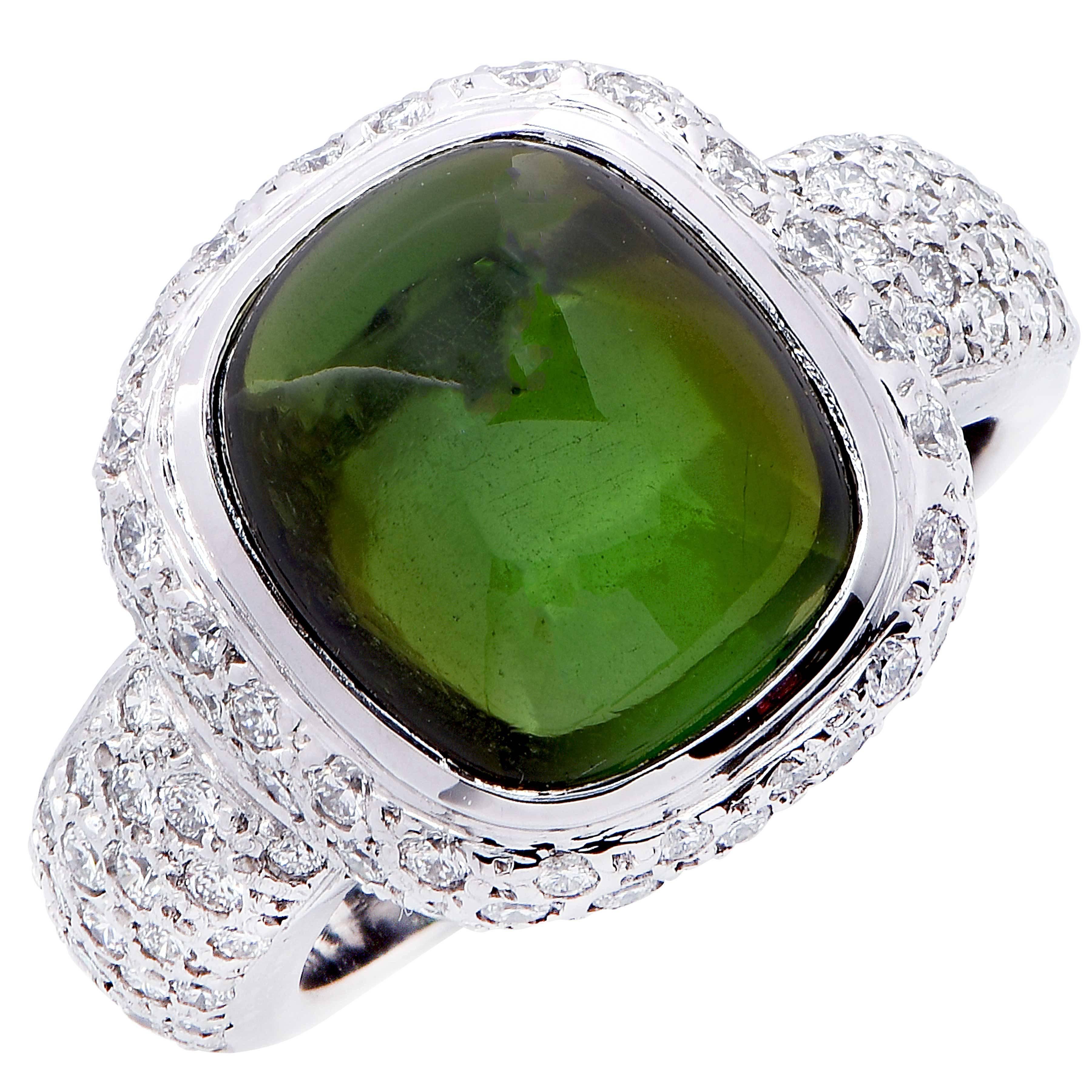 6.15 Carat Natural Cabochon Cut Green Tourmaline Diamond White Gold Ring In Excellent Condition In Bay Harbor Islands, FL