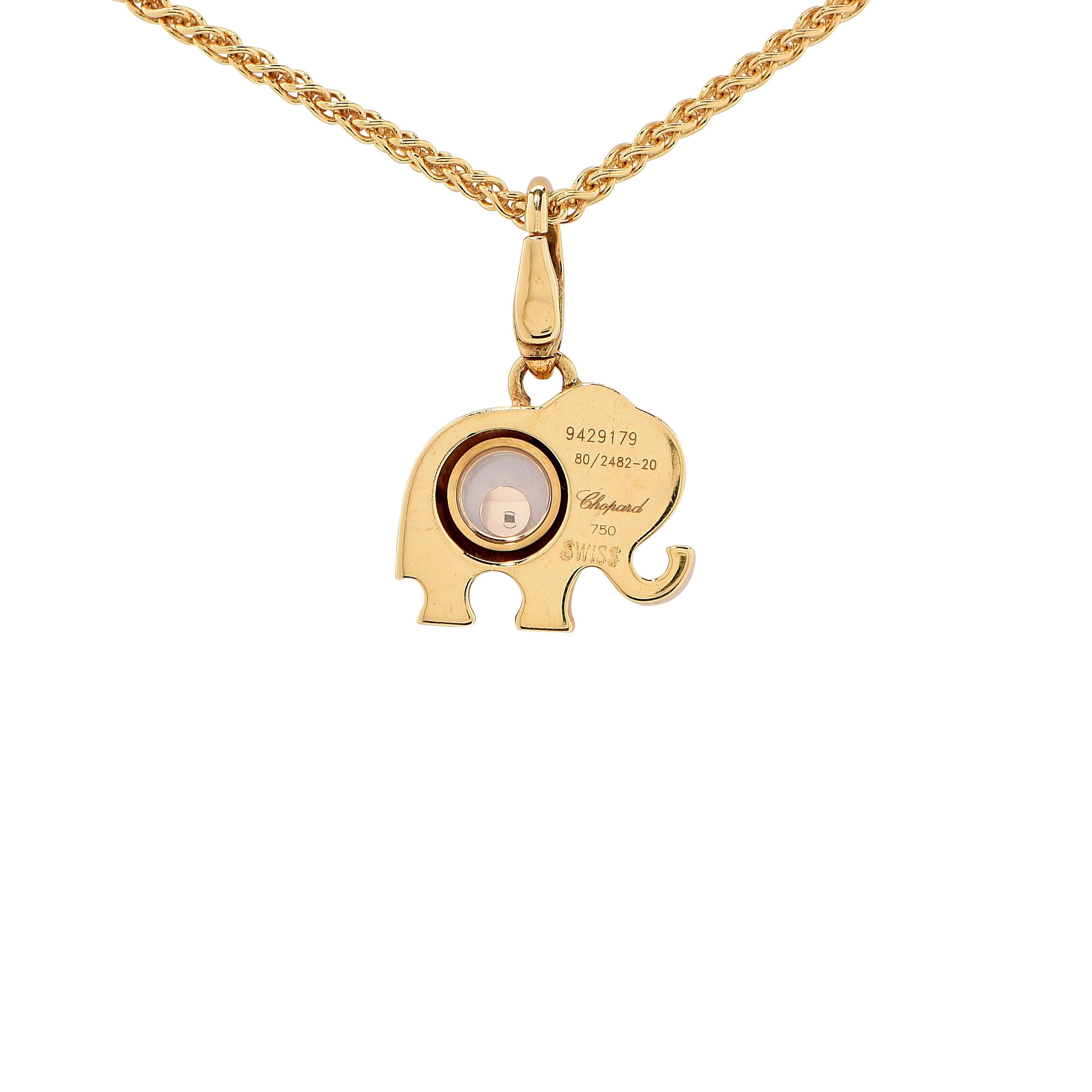 Chopard happy diamond and sapphire elephant pendant necklace.
This whimsical pendant by Chopard features one floating diamond and one blue sapphire eye. Chain Length is 17 inches. Pendant length is 13mm

Metal Type: 18Kt Yellow Gold
Metal Weight: