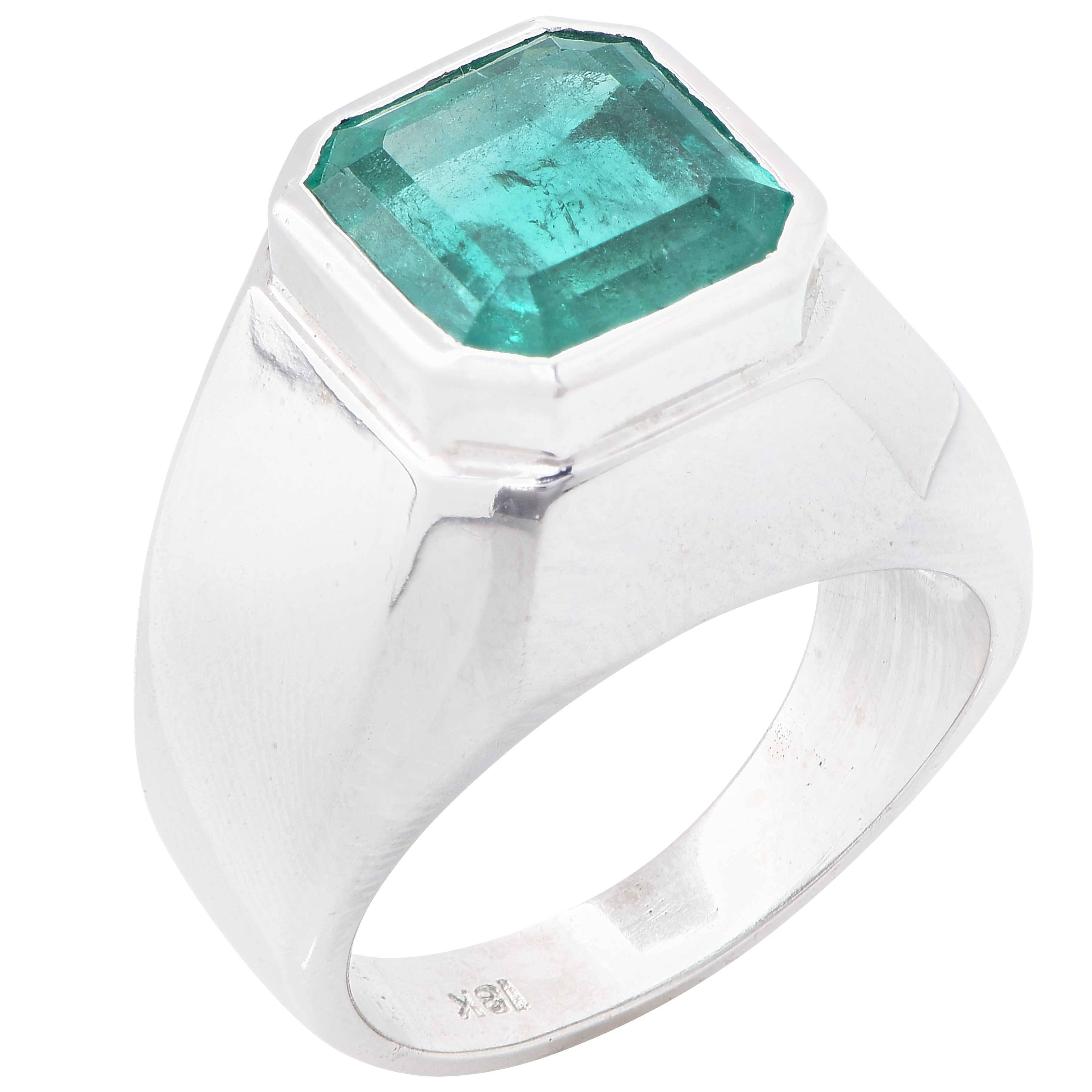 Classic Men's Emerald Ring featuring an emerald cut emerald weighing approximately 8 carats set in 18 Kt White Gold.

Ring Size: 9 (can be sized)
Metal Type: 18 Kt White Gold ( stamped and/or tested)
Metal Weight: 20.1 Grams