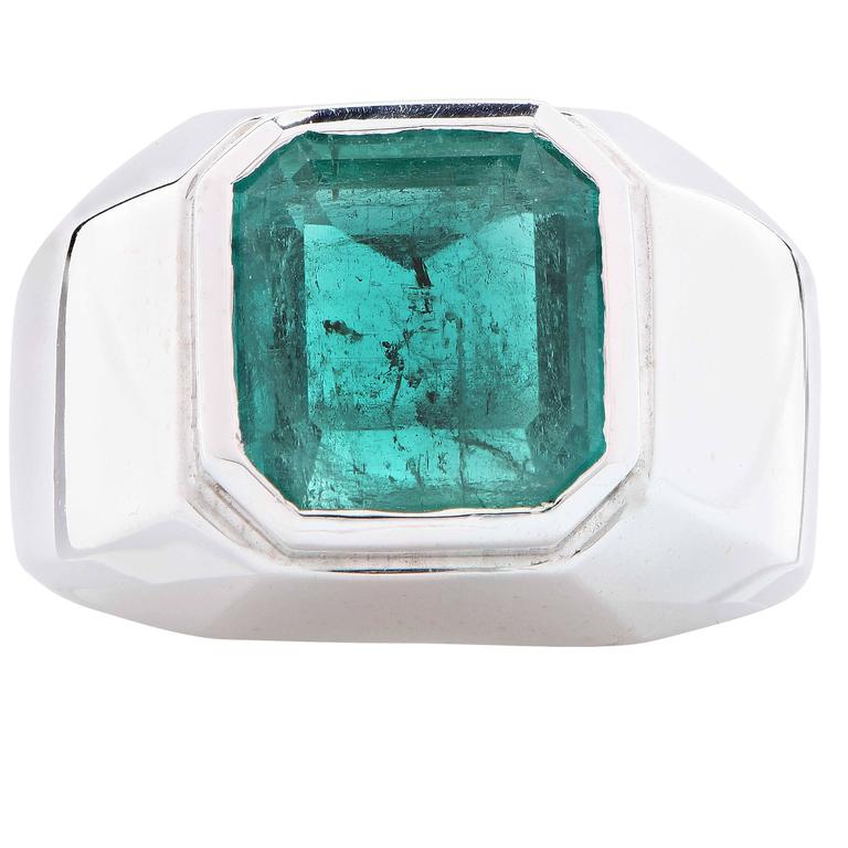 8 Carat Natural Emerald Cut Emerald White Gold Men's Ring at 1stDibs