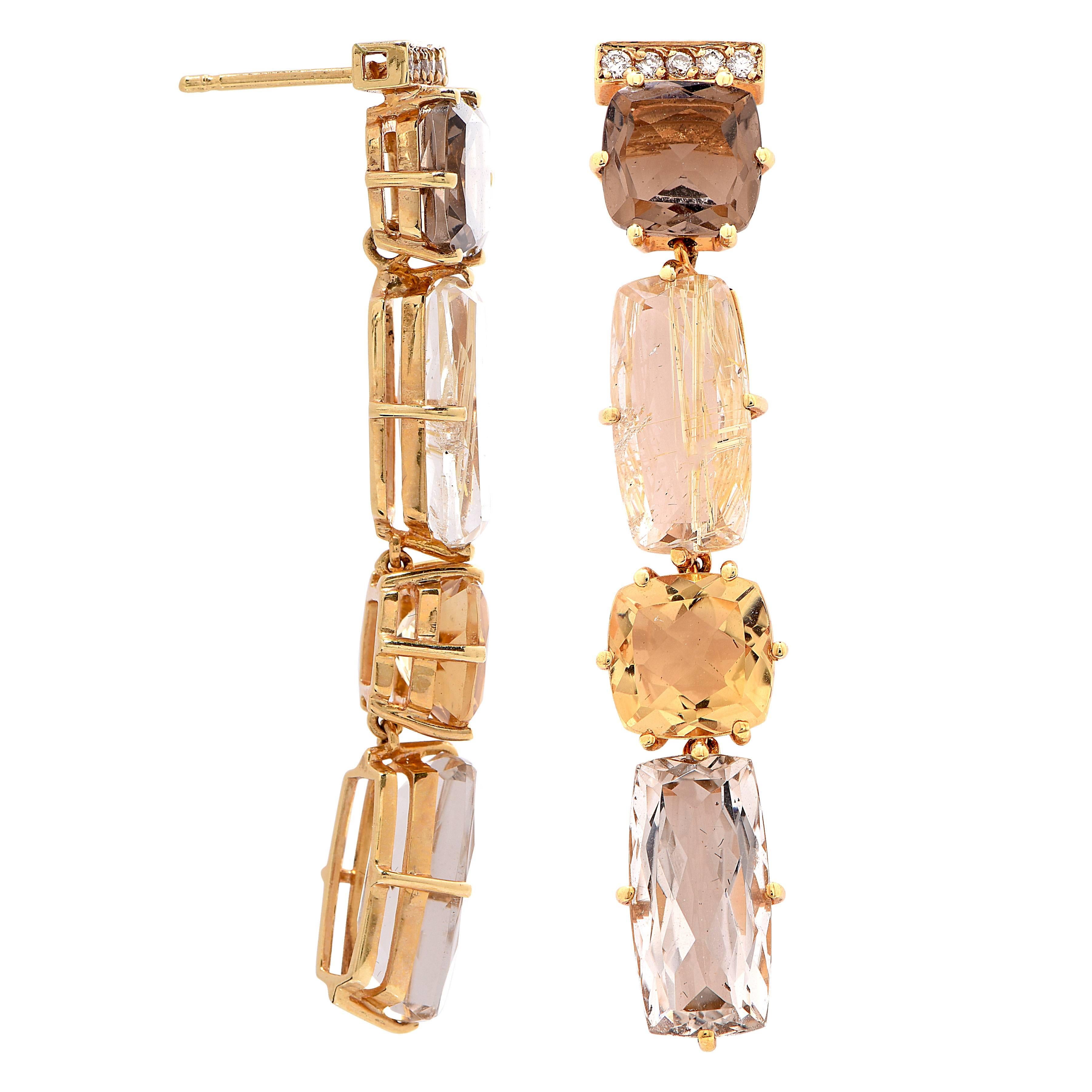 Beautiful rutilated smoky and murion quartz and citrine and diamonds drop yellow gold earrings set in 18 Karat Yellow Gold. These earrings feature 10 round cut diamonds with an estimated total weight of .15 carat and citrine and quartz with an