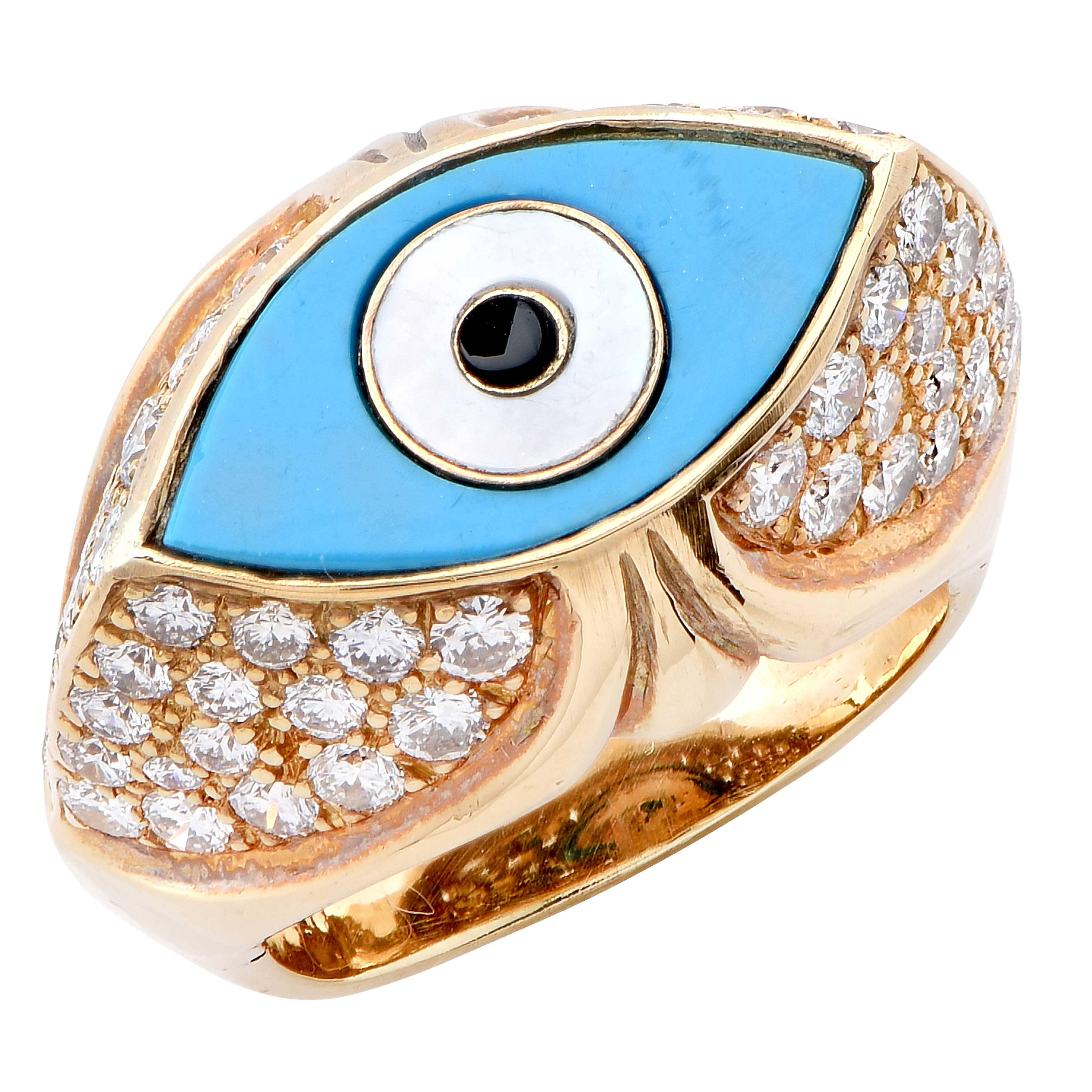 Bague en or avec turquoise œil maléfique et diamants Bon état - En vente à Bay Harbor Islands, FL