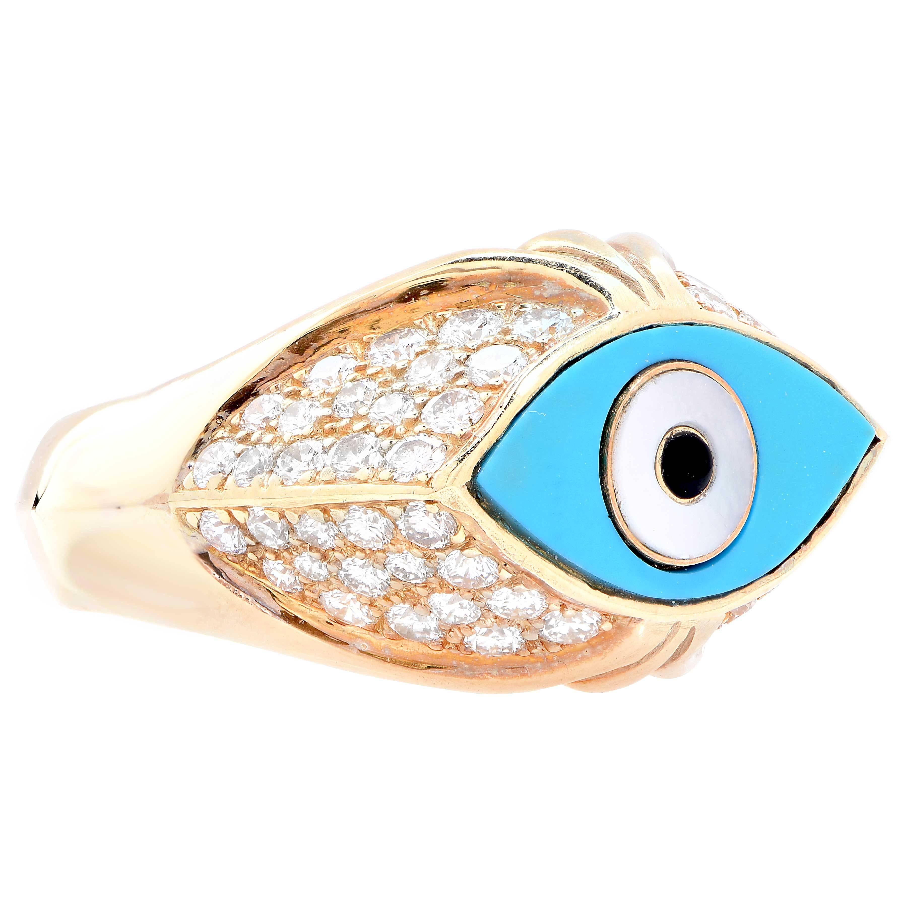 Bague en or avec turquoise œil maléfique et diamants en vente 1
