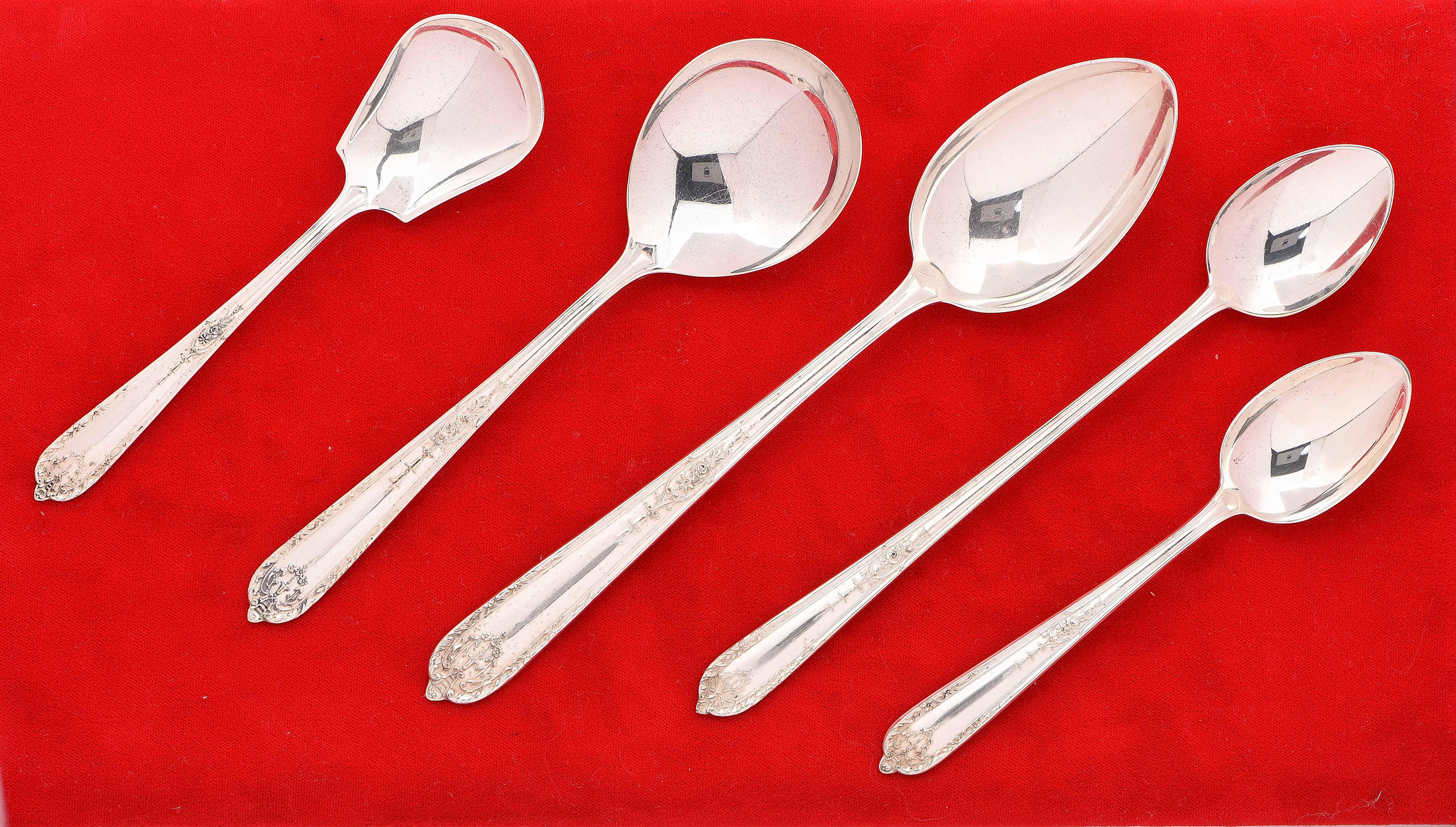 Alvin Manufacturing Sterling Silver Set, Della Robbia Design, Consisting of:
Soup Spoons 12
Drink Spoons 6
Tea Spoons 20
Desert Fork 12
Salad Fork  10
Large Fork 8
Serving Spoon 3
Butter Spoon 1
Jelly Spoon 1

Additions and replacements can be found