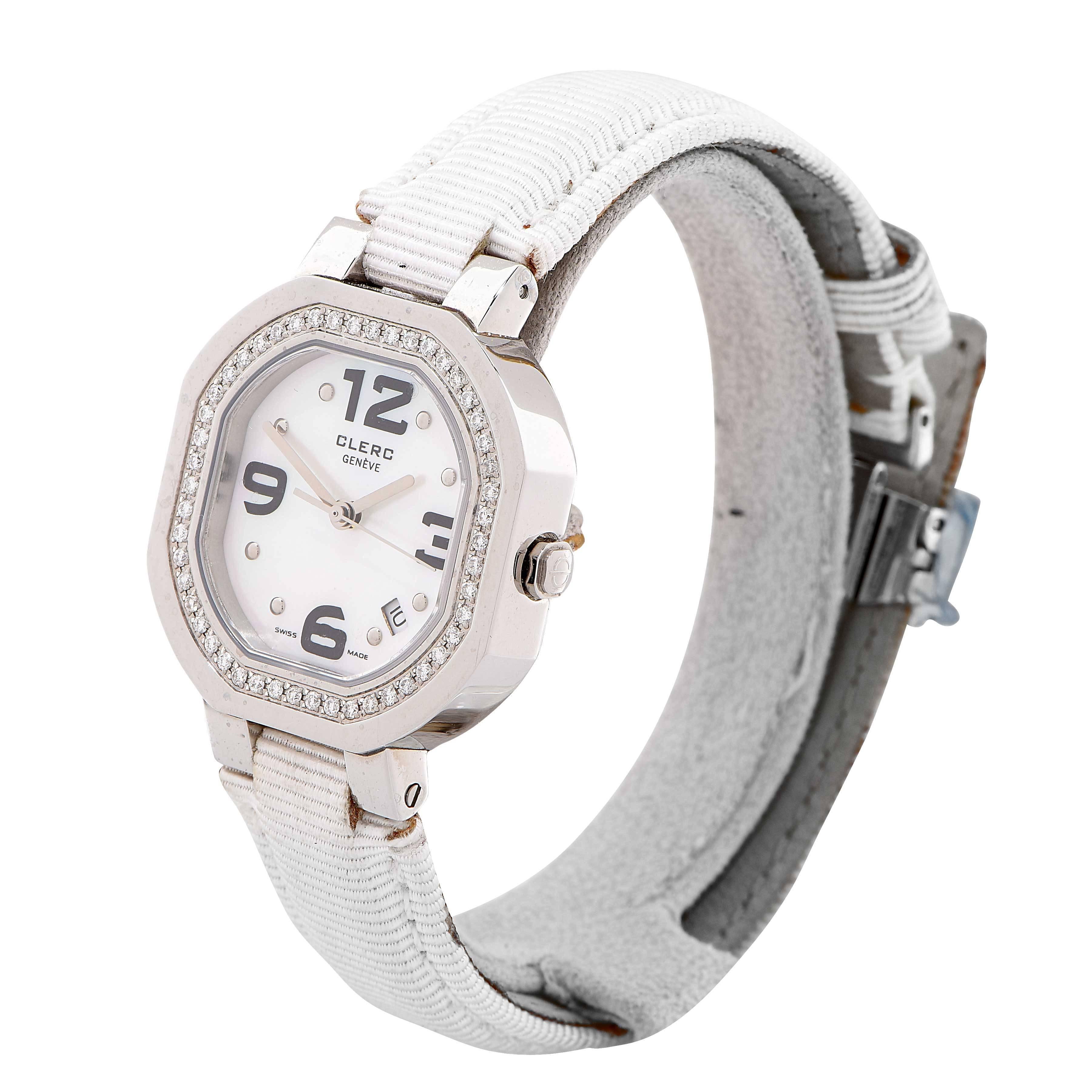 Clerc Lady's Watch with Mother of Pearl Dial, Diamond Bezel, Stainless Steel Case.
Model #: CID-SS1
Original Retail: $2,590.00

