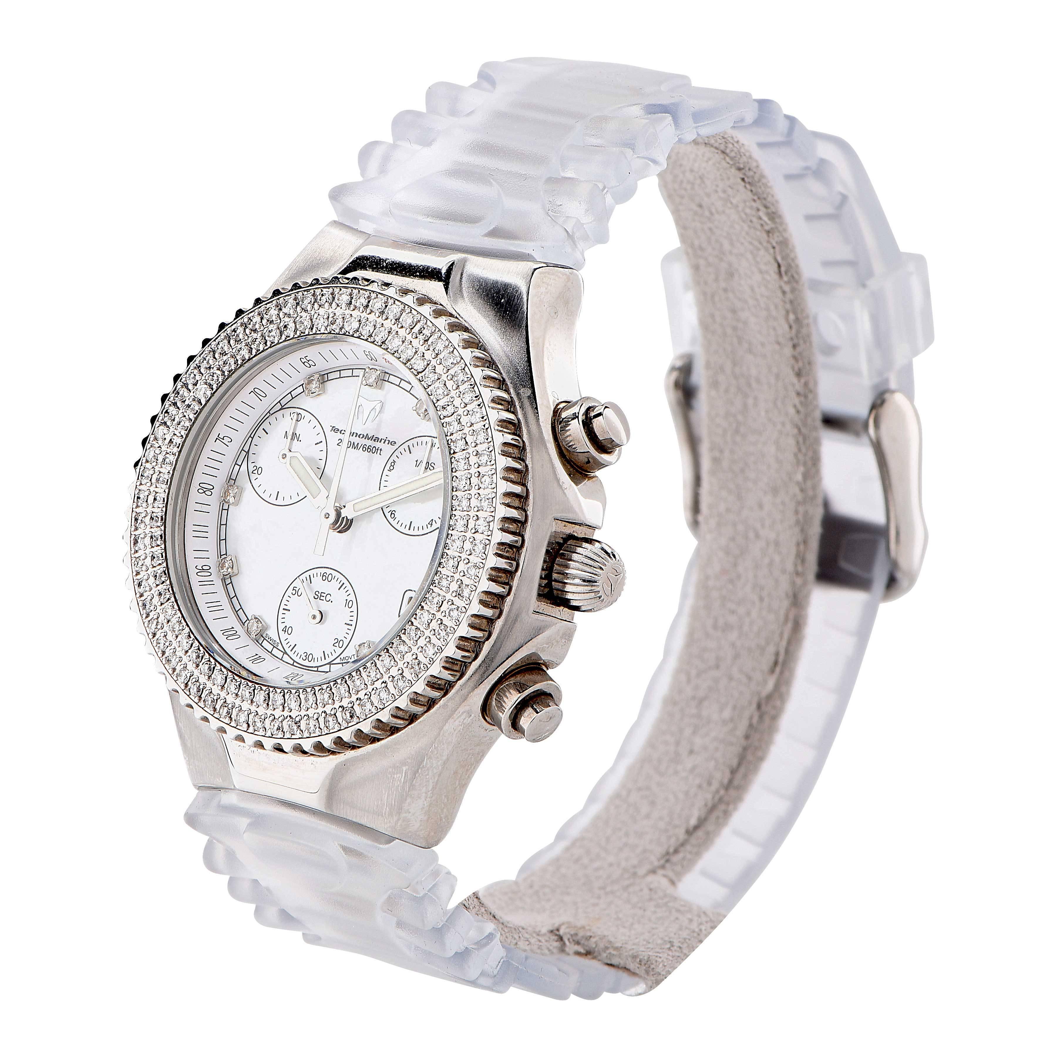 Technomarine Lady's Watch with Diamond Bezel and Mother of Pearl Dial.
144 diamonds with 1.10 Carat total diamond weight. New in box with papers.
Original Retail: $2,900
