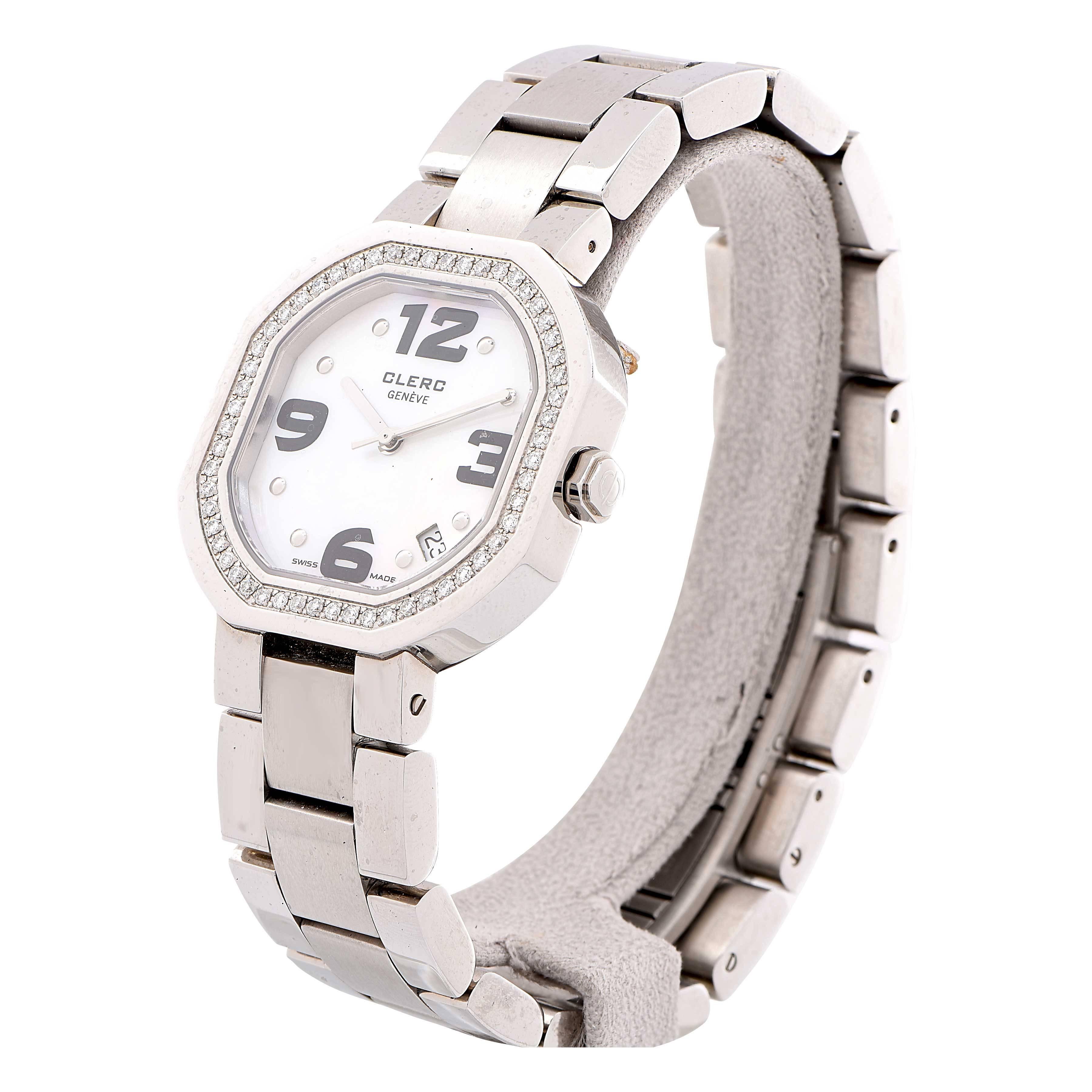 Clerc lady's stainless steel watch with mother of pearl dial and diamond bezel.
New in box and papers
Retail: $3,230
