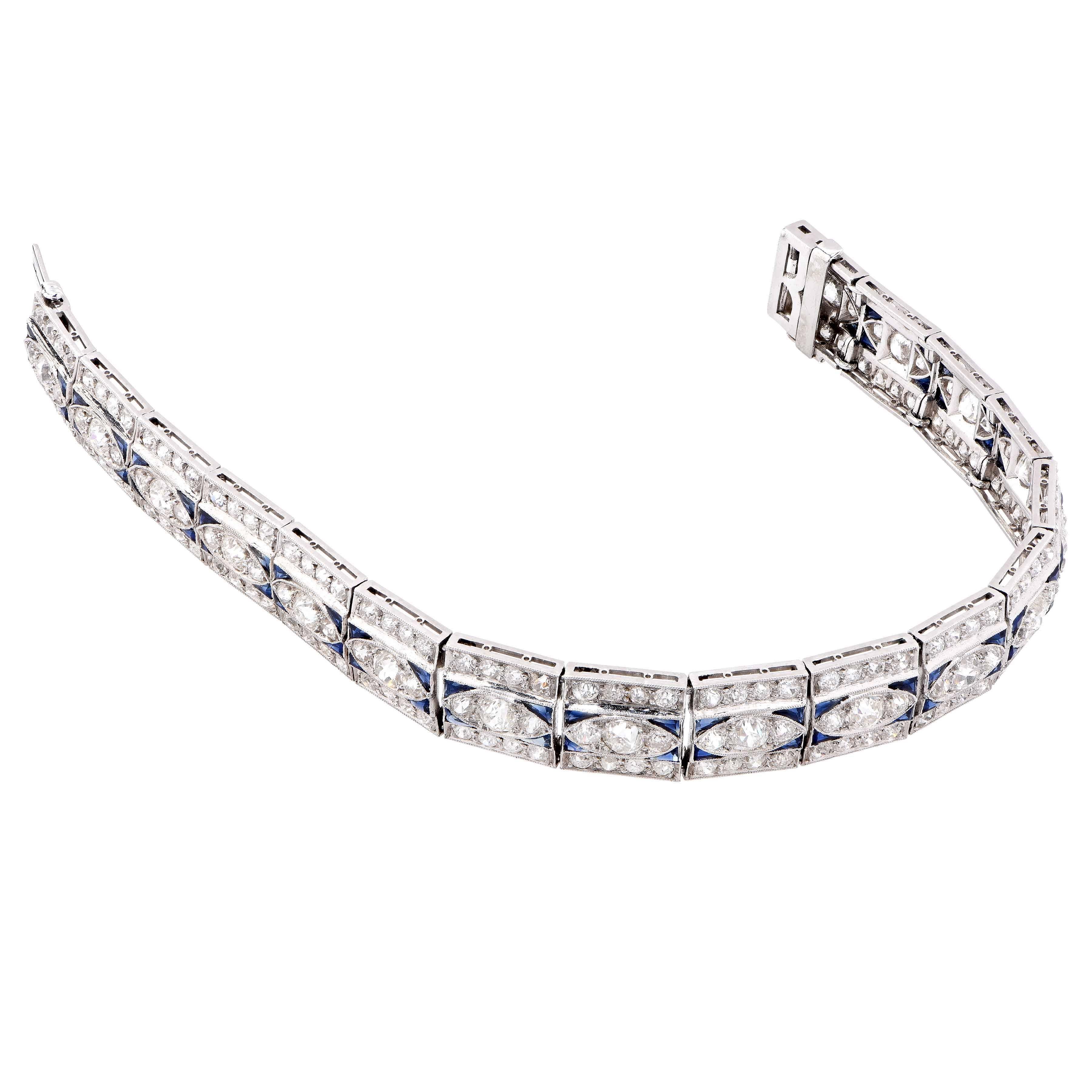 Art Deco 5.5 Carat Diamond and 2 Carat Sapphire Platinum Bracelet In Excellent Condition In Bay Harbor Islands, FL
