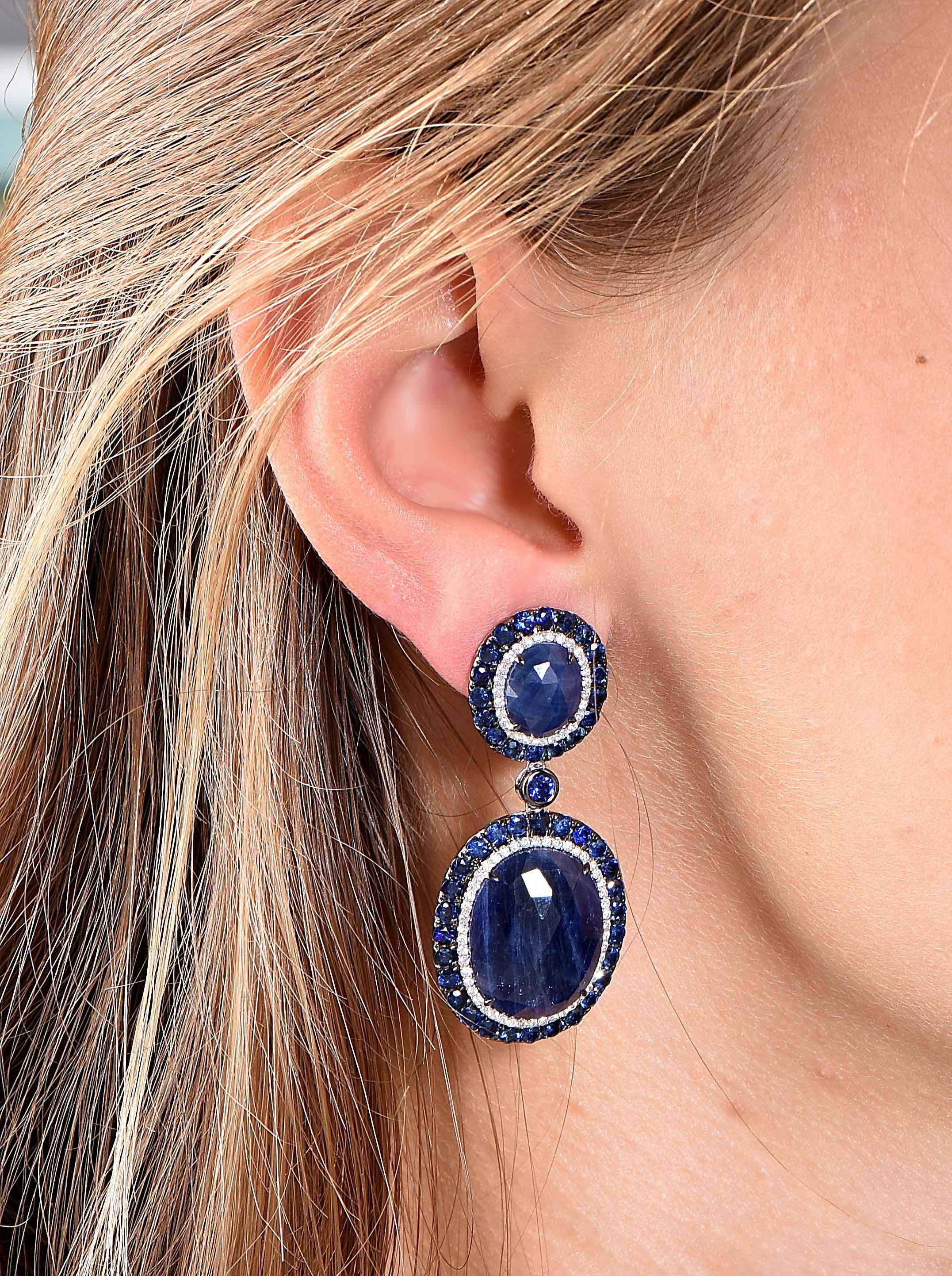 Boucles d'oreilles or blanc saphir diamant Pour femmes en vente