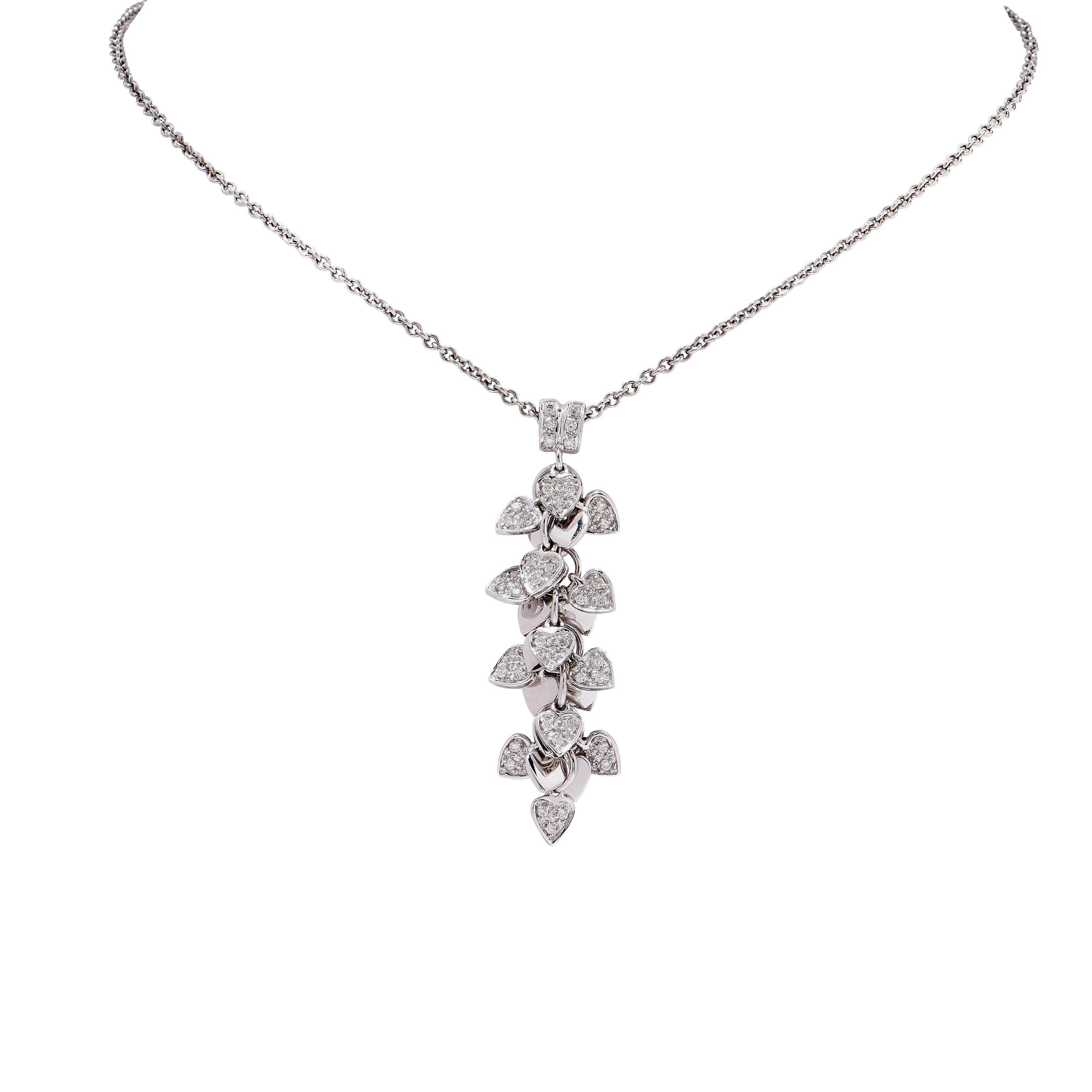 Diamond Hearts 18 Karat White Gold Necklace featuring 45 round cut diamonds with an estimated total weight of .40 carats.

Metal Type: 18 Krat White Gold (tested and/or stamped)
Metal Weight: 6.5 Grams