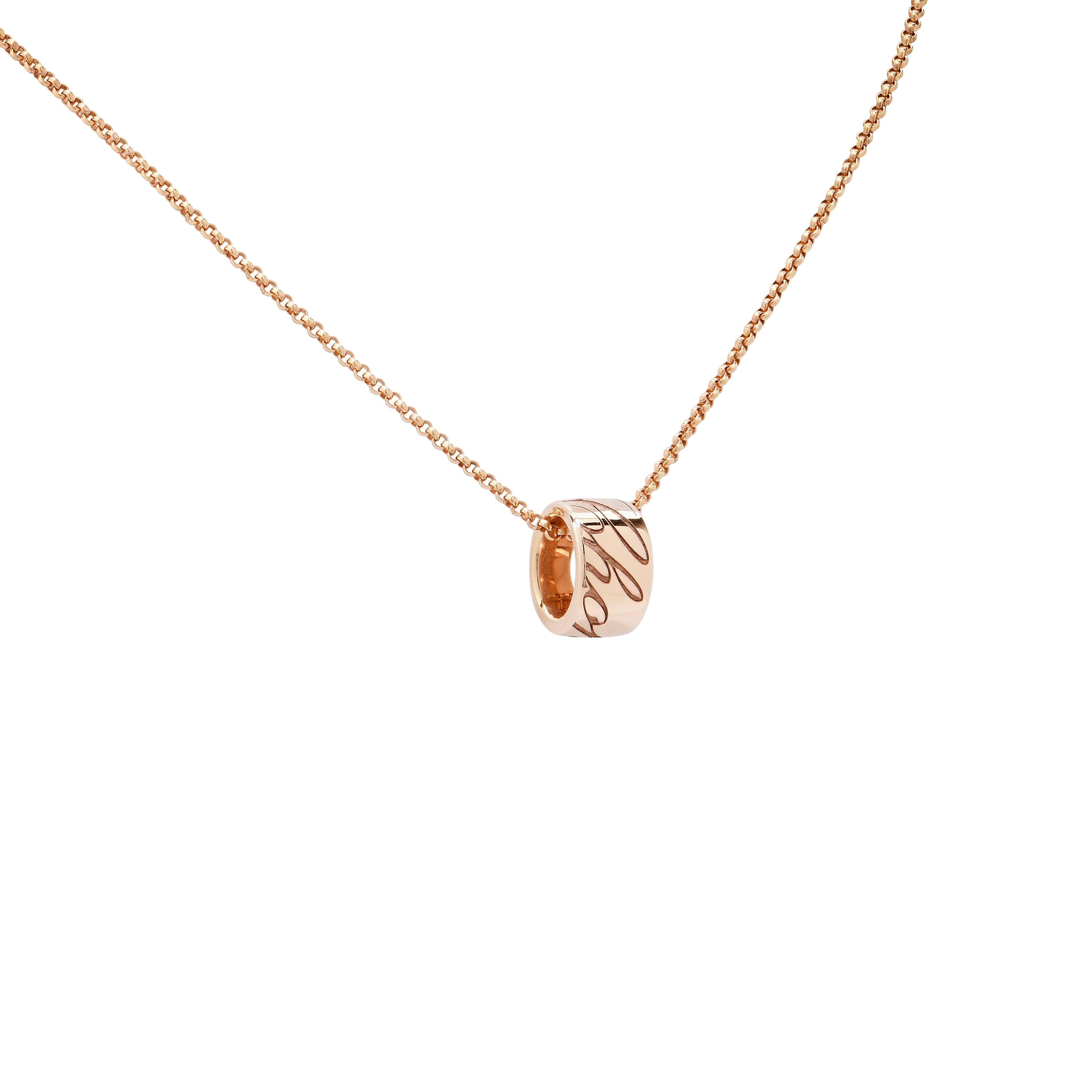 Chopard Chopardissimo 18 Karat Rose Gold Necklace.
17 Inch Chain. New In Box
Generously sized yet classically proportioned, distinctive yet refined, Chopardissimo is everyday jewellery at its finest. Enhanced by the beautiful calligraphy of the