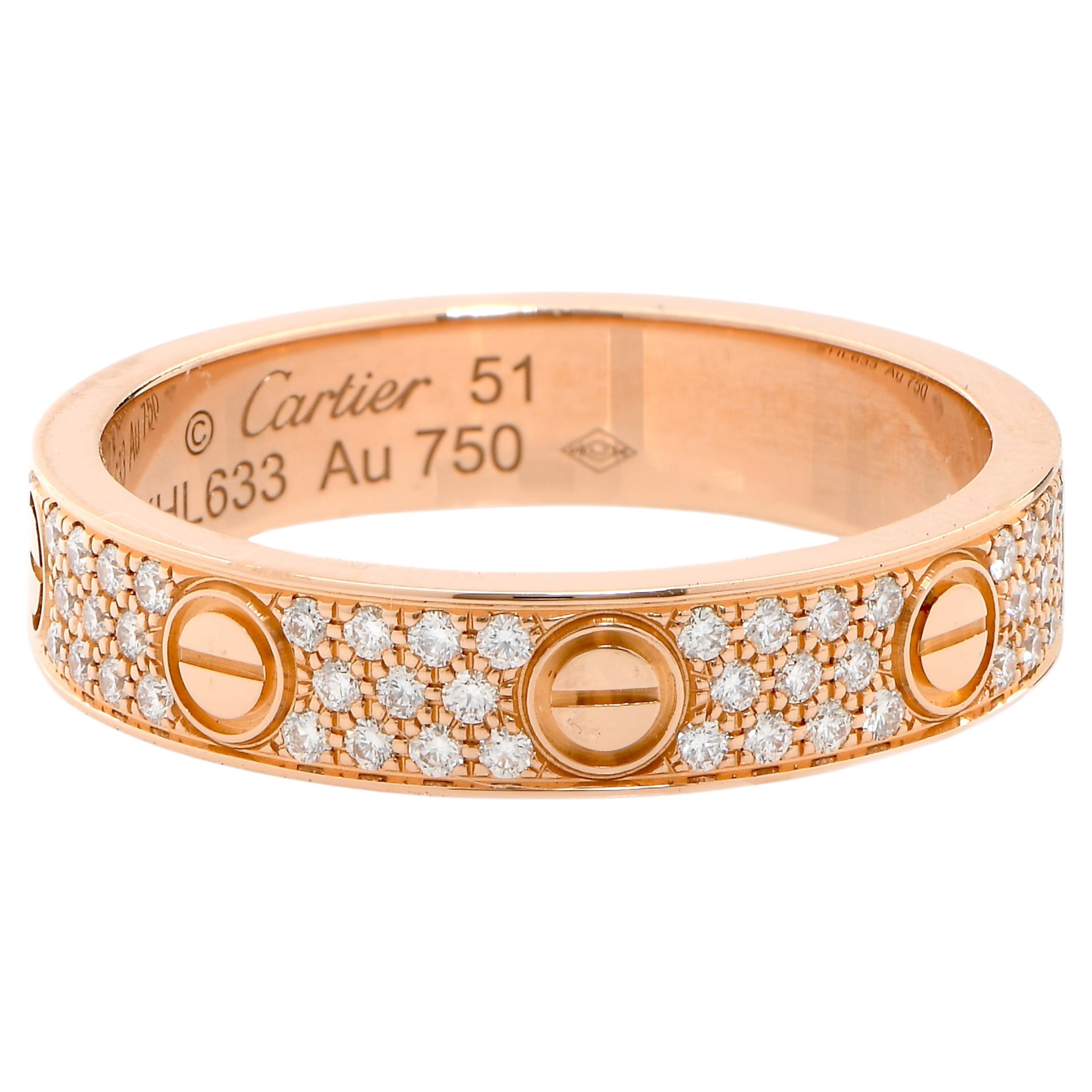 Cartier LOVE Ring, Small Model – 18K Rose Gold with Pavé Diamonds, Size 51 For Sale