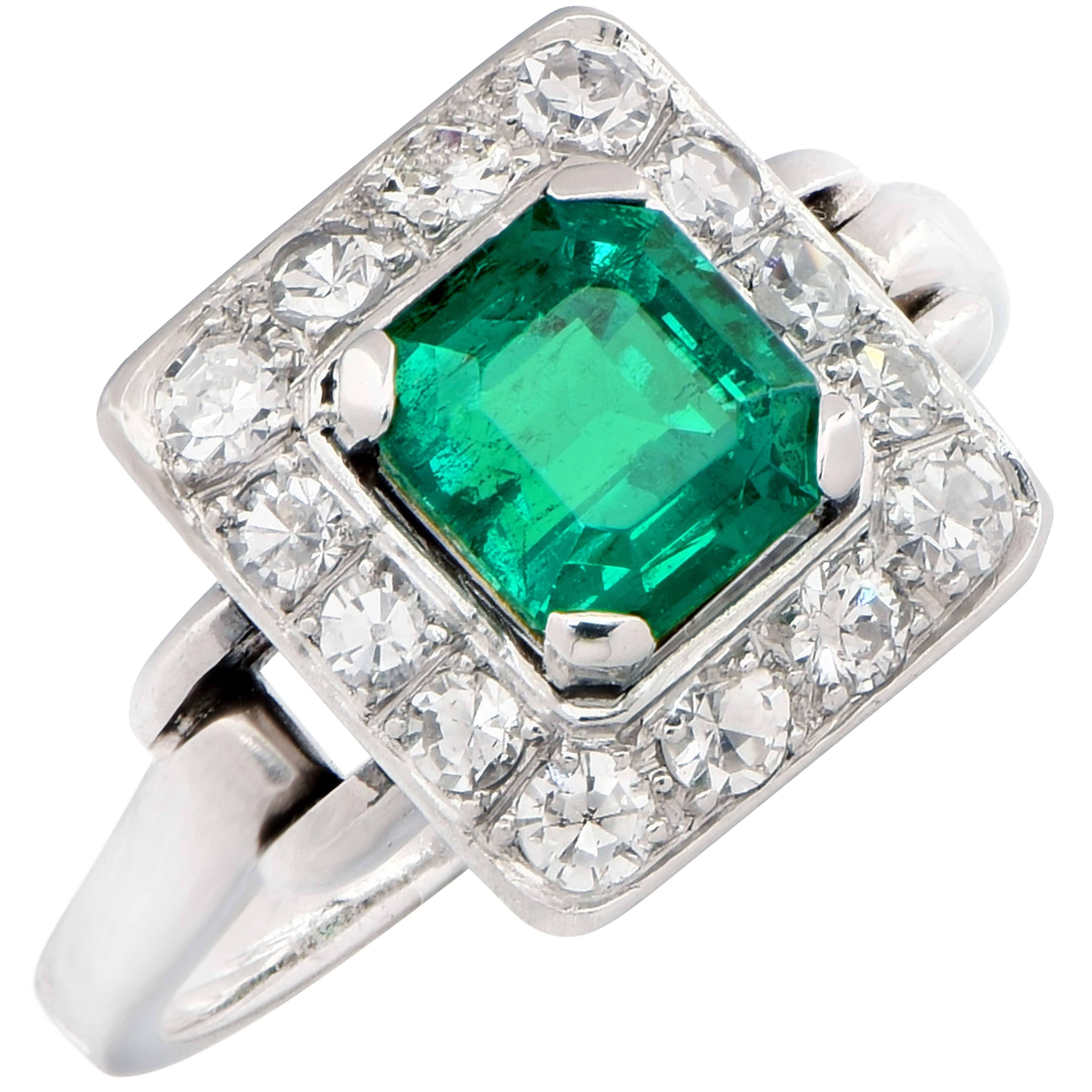 Emerald Cut 1.36 Carat Colombian Emerald No Treatment AGL Diamond Ring For Sale