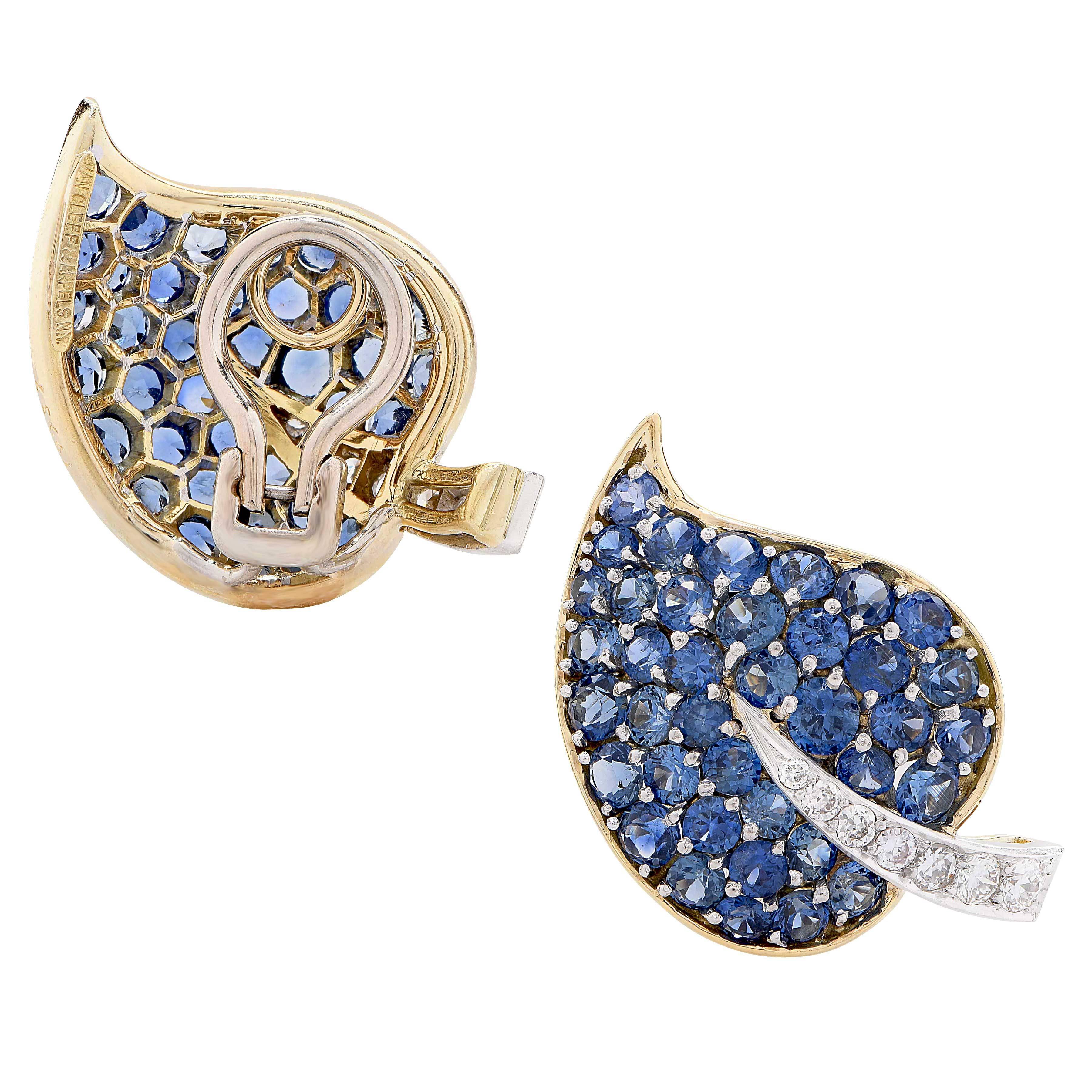 Van Cleef & Arpels Sapphire and Diamond Leaf Earrings In Excellent Condition In Bay Harbor Islands, FL