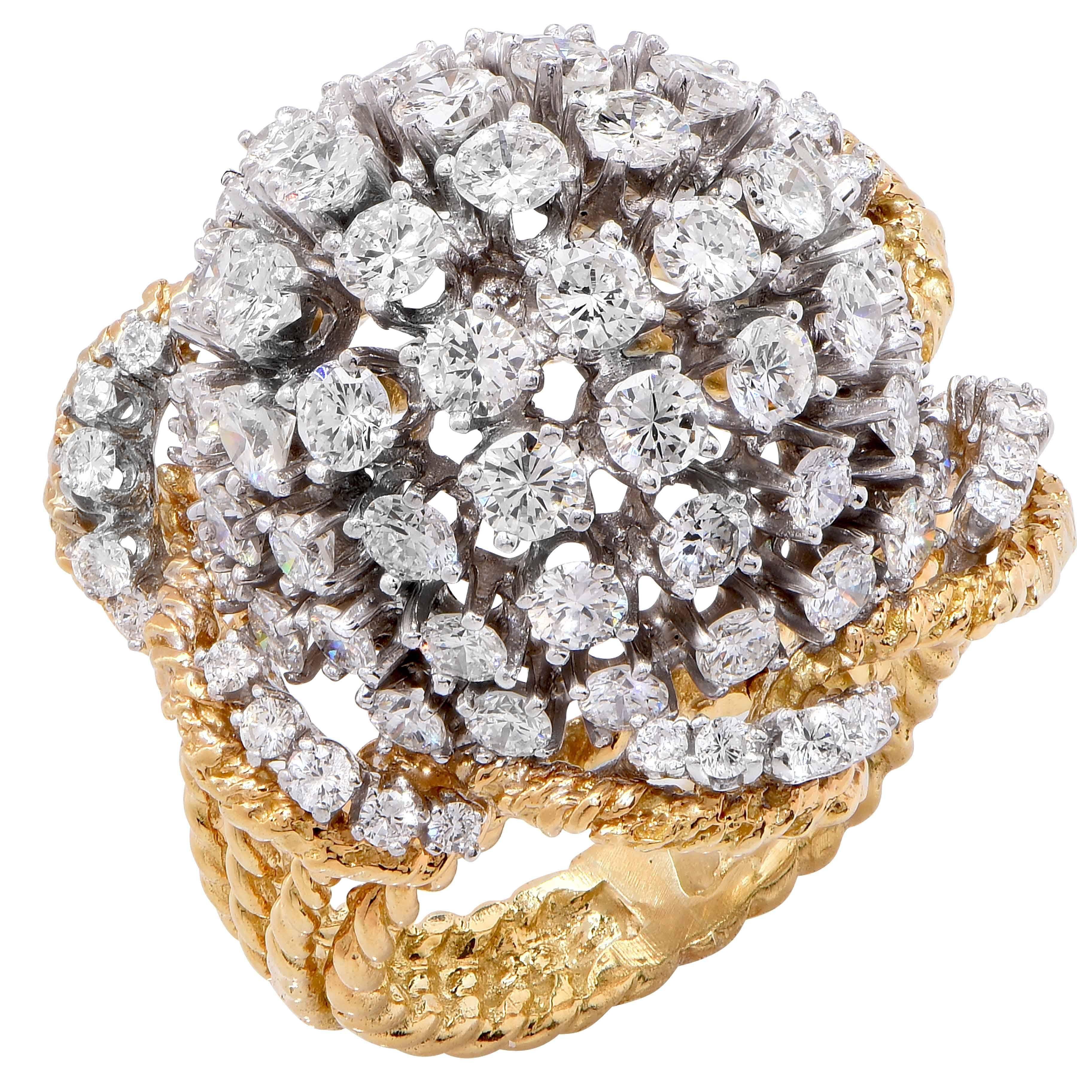 7.8 Carat Diamond Bombe Style 18 Karat Yellow Gold and Platinum Ring In Excellent Condition In Bay Harbor Islands, FL