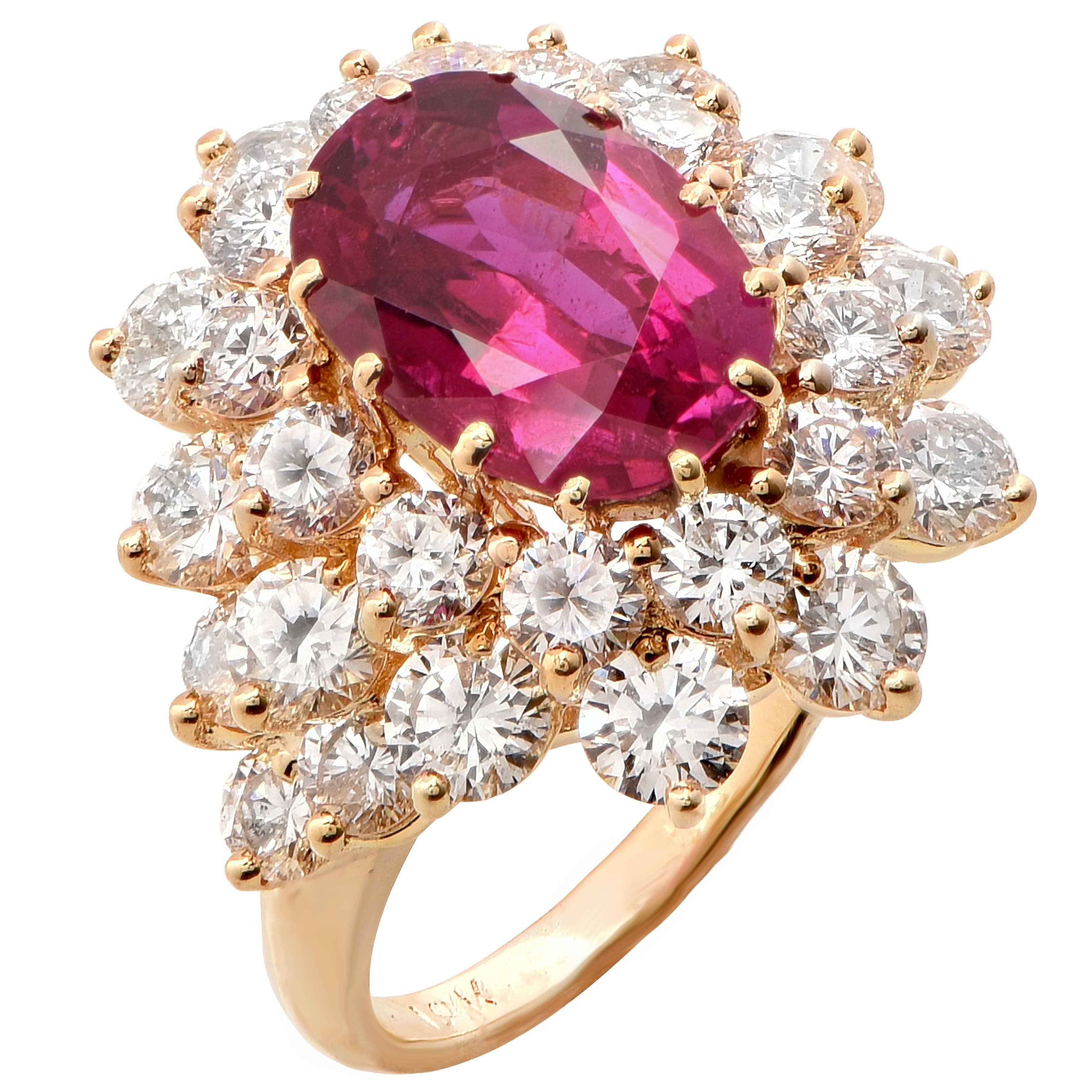Burma Ruby 3.7 Carats AGL Graded No Heat and Diamond Ring In Excellent Condition For Sale In Bay Harbor Islands, FL