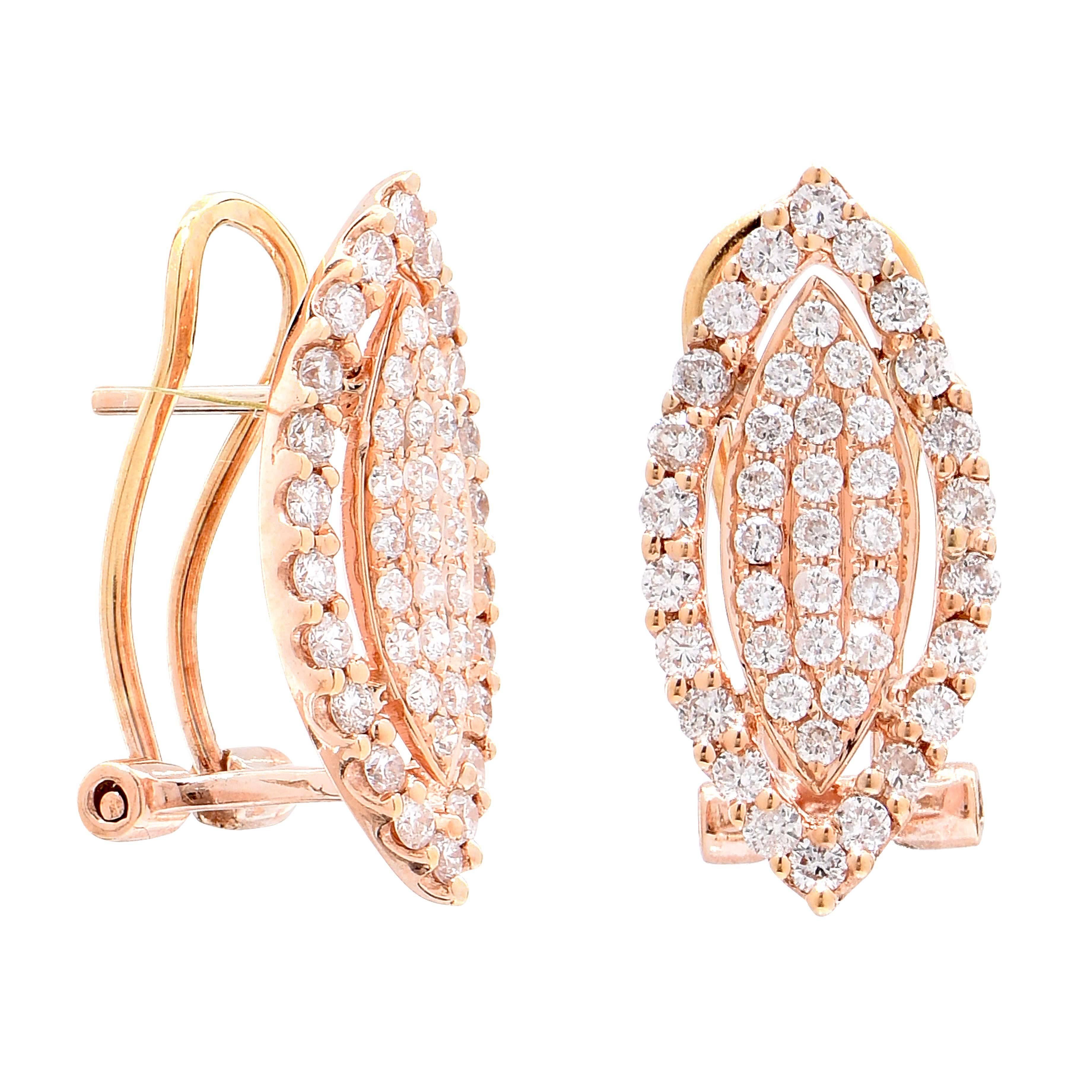 Marquise shape diamond ear clips featuring 86 round cut diamonds with an estimated total weight of 1 carat.

Metal Type: 18 Karat Rose Gold (tested and or stamped)
Metal Weight: 4.8 Grams