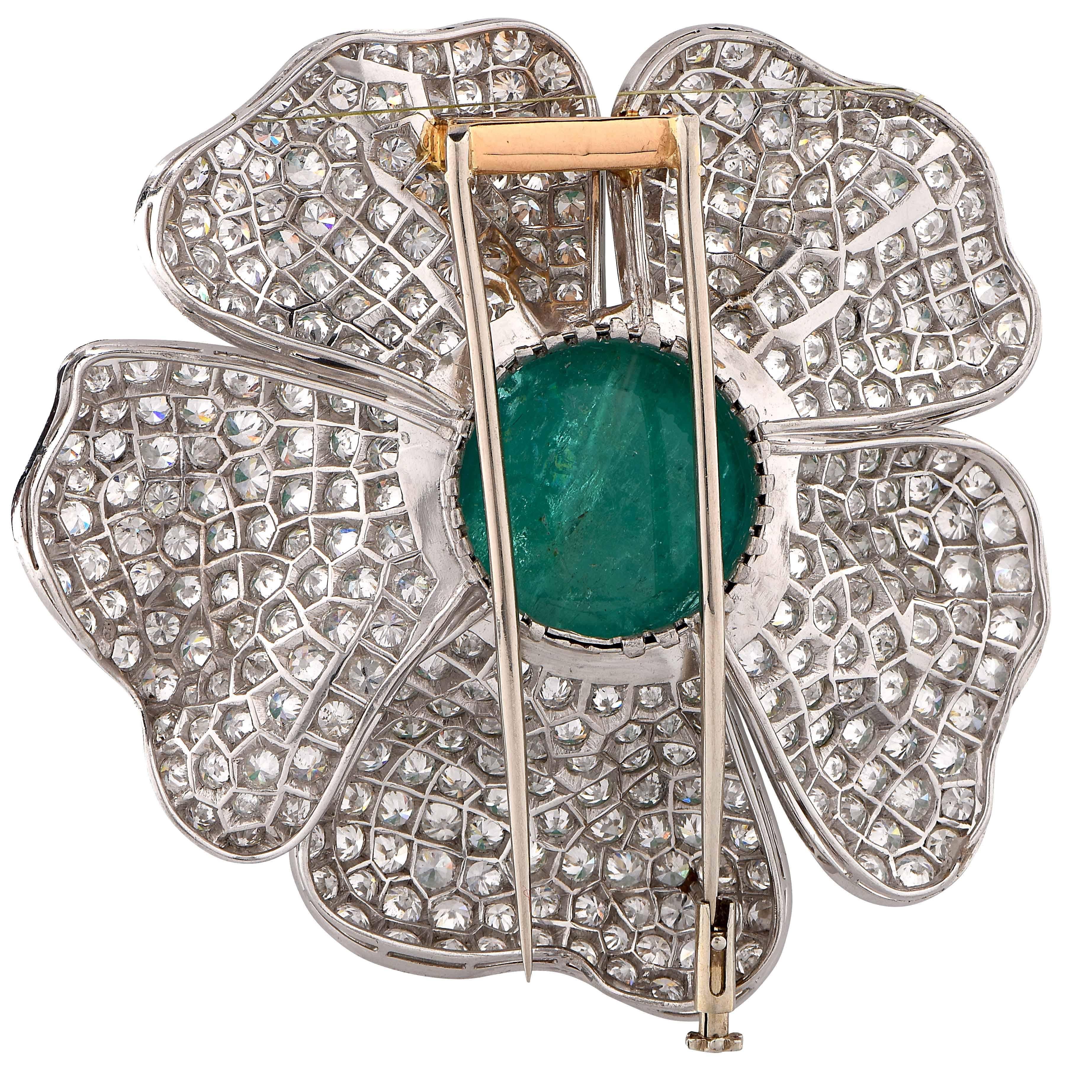 Modern 33.93 Carat Natural Cabochon Cut Emerald and 15 Carat Diamond Flower Brooch For Sale