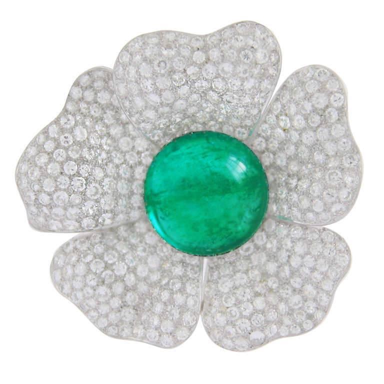 33.93 Carat Natural Cabochon Cut Emerald and 15 Carat Diamond Flower Brooch In Excellent Condition For Sale In Bay Harbor Islands, FL