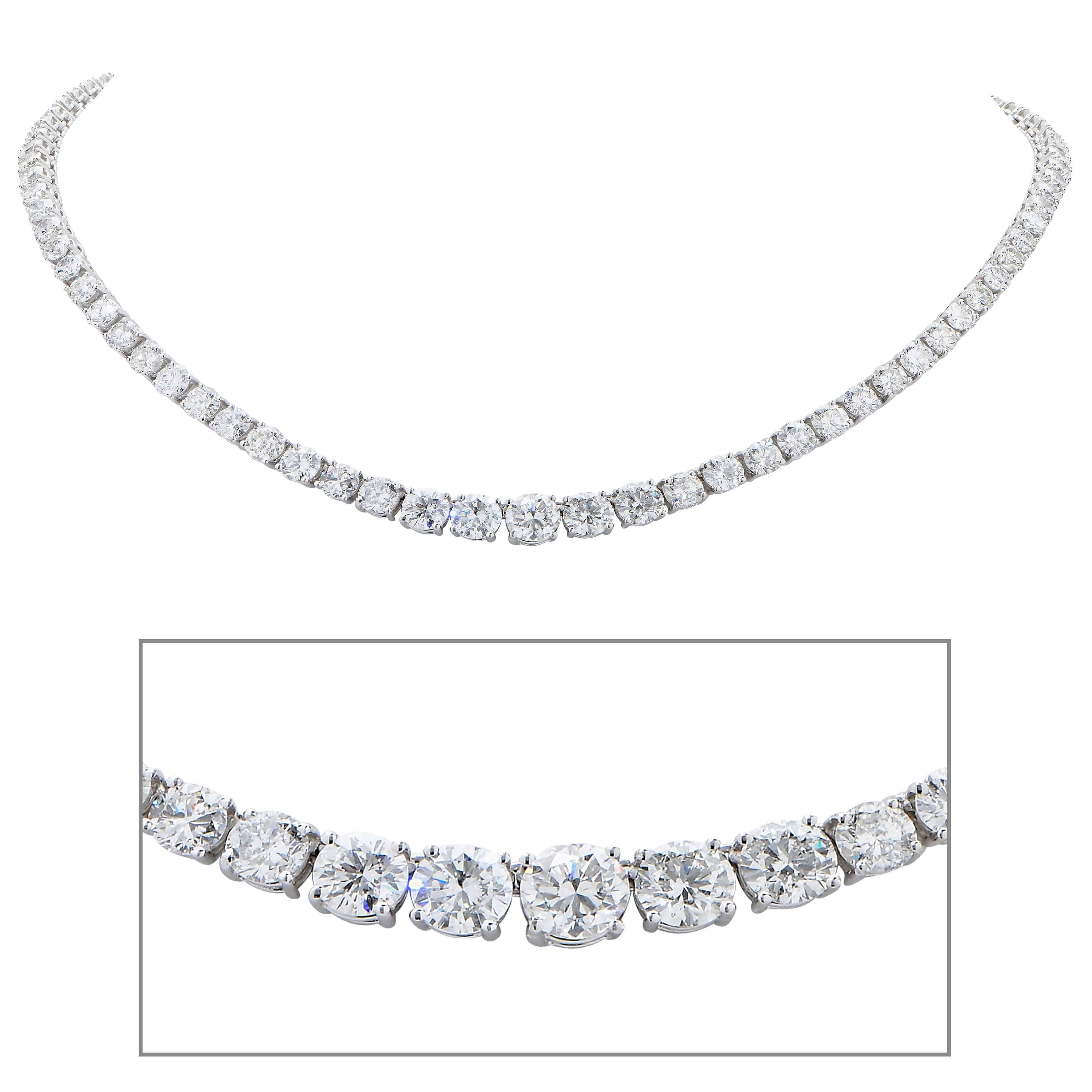 Platinum riviera necklace featuring 95 round brilliant cut diamonds with an estimated total weight of 24 carats and H/I color SI1-SI2 clarity. 
Necklace Length 15.5 inches. 
Metal: Platinum
Metal Weight: 34.8 Grams
