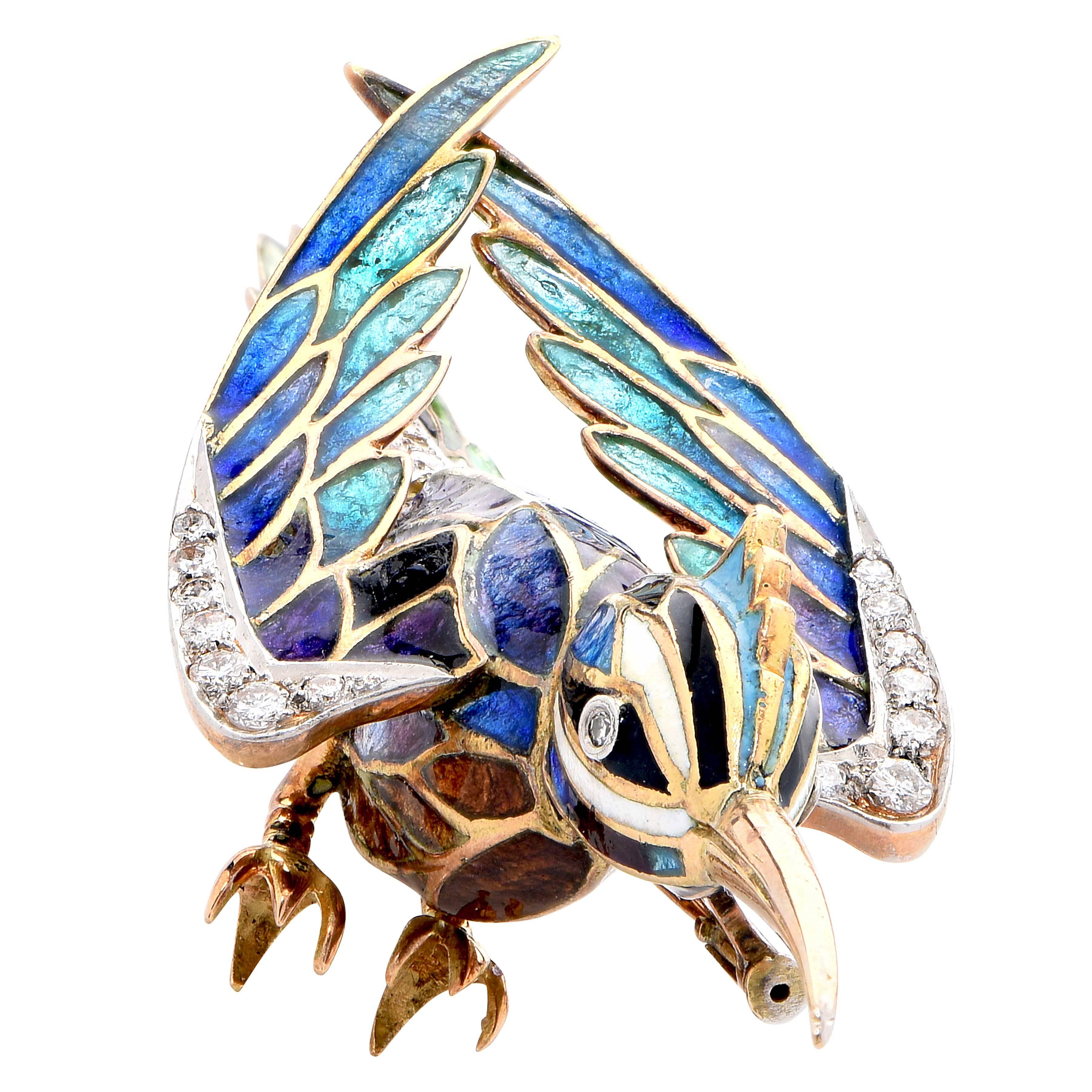 1960's Enamel, Diamond and Gold Hummingbird Brooch In Good Condition In Bay Harbor Islands, FL