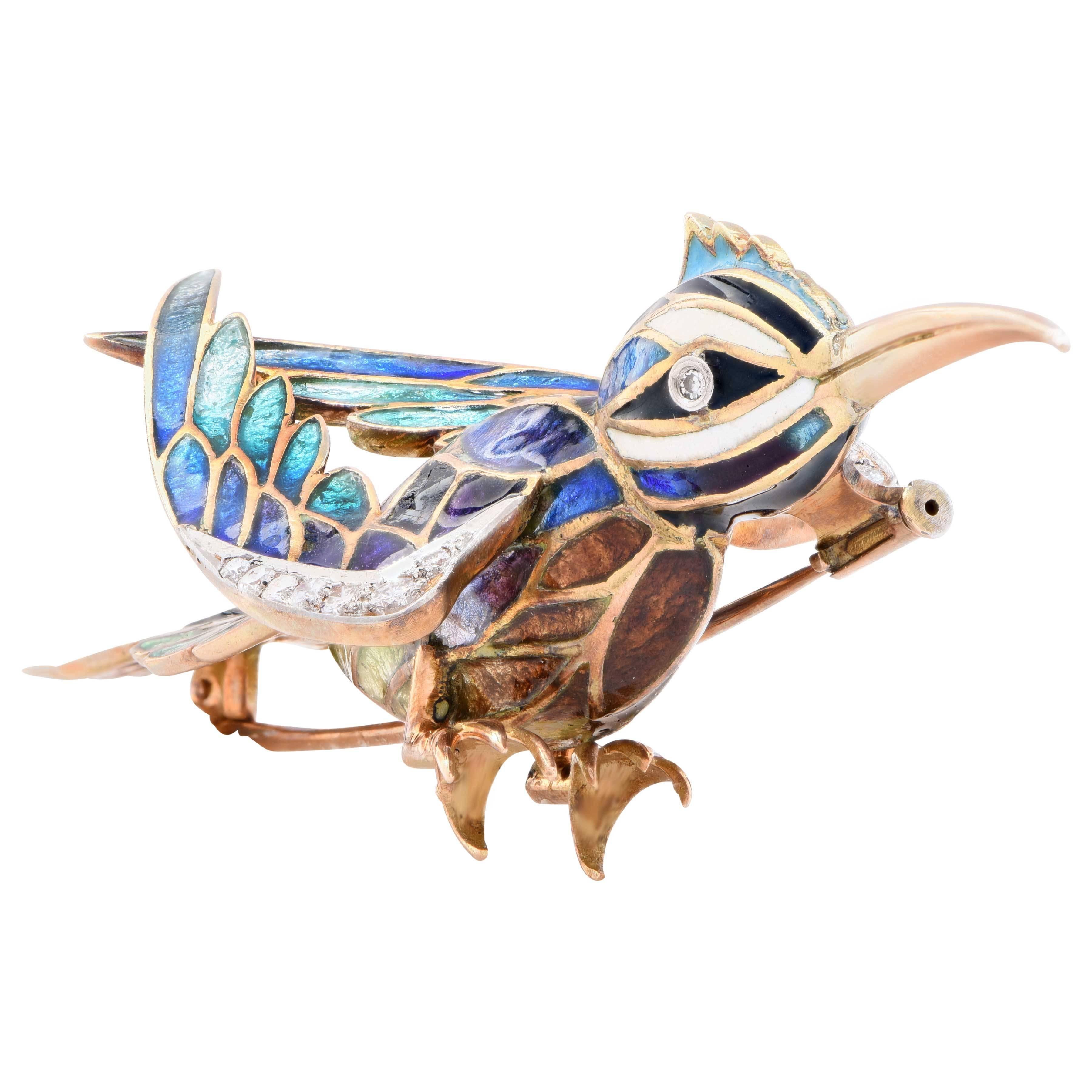 Women's 1960's Enamel, Diamond and Gold Hummingbird Brooch