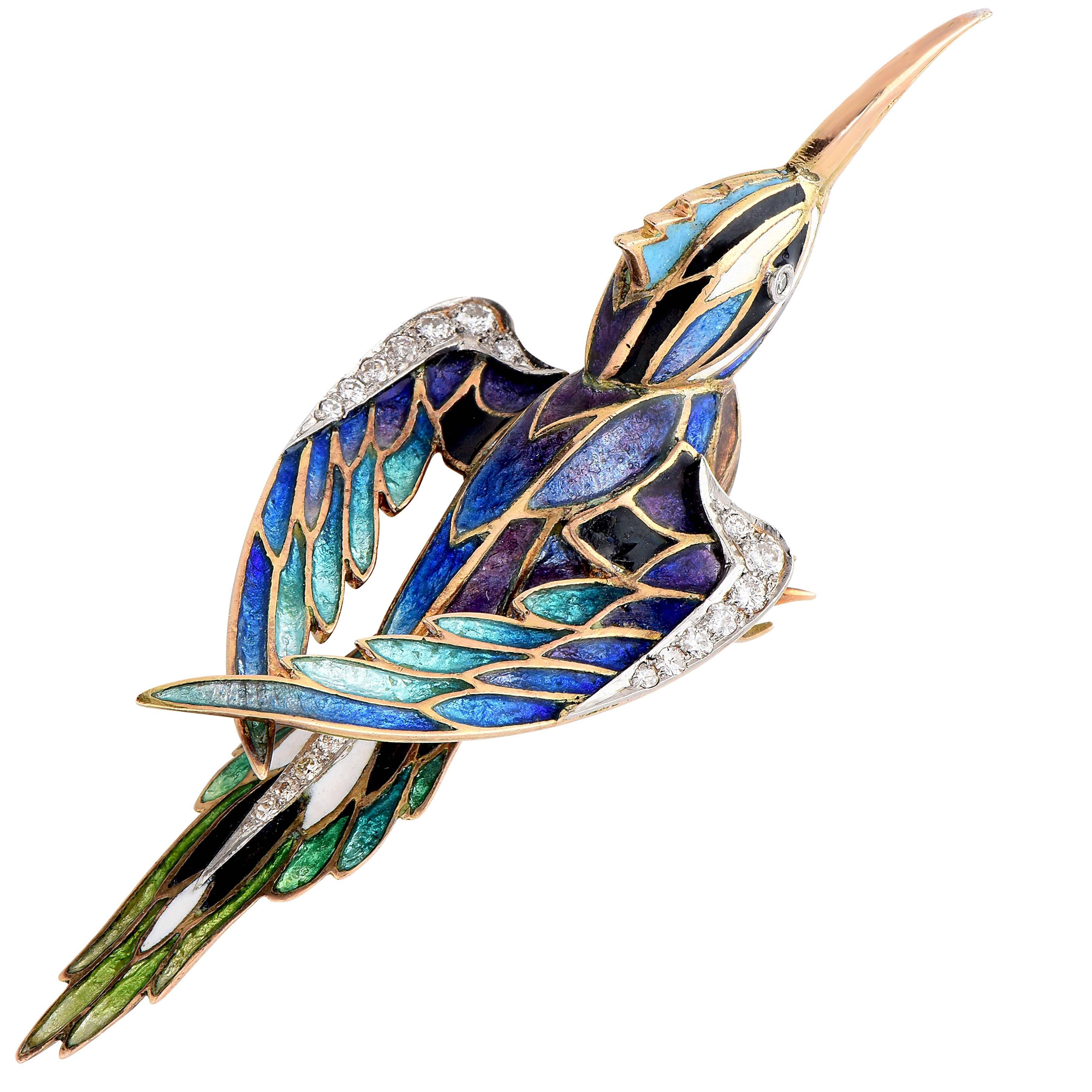 1960's Enamel, Diamond and Gold Hummingbird Brooch 2