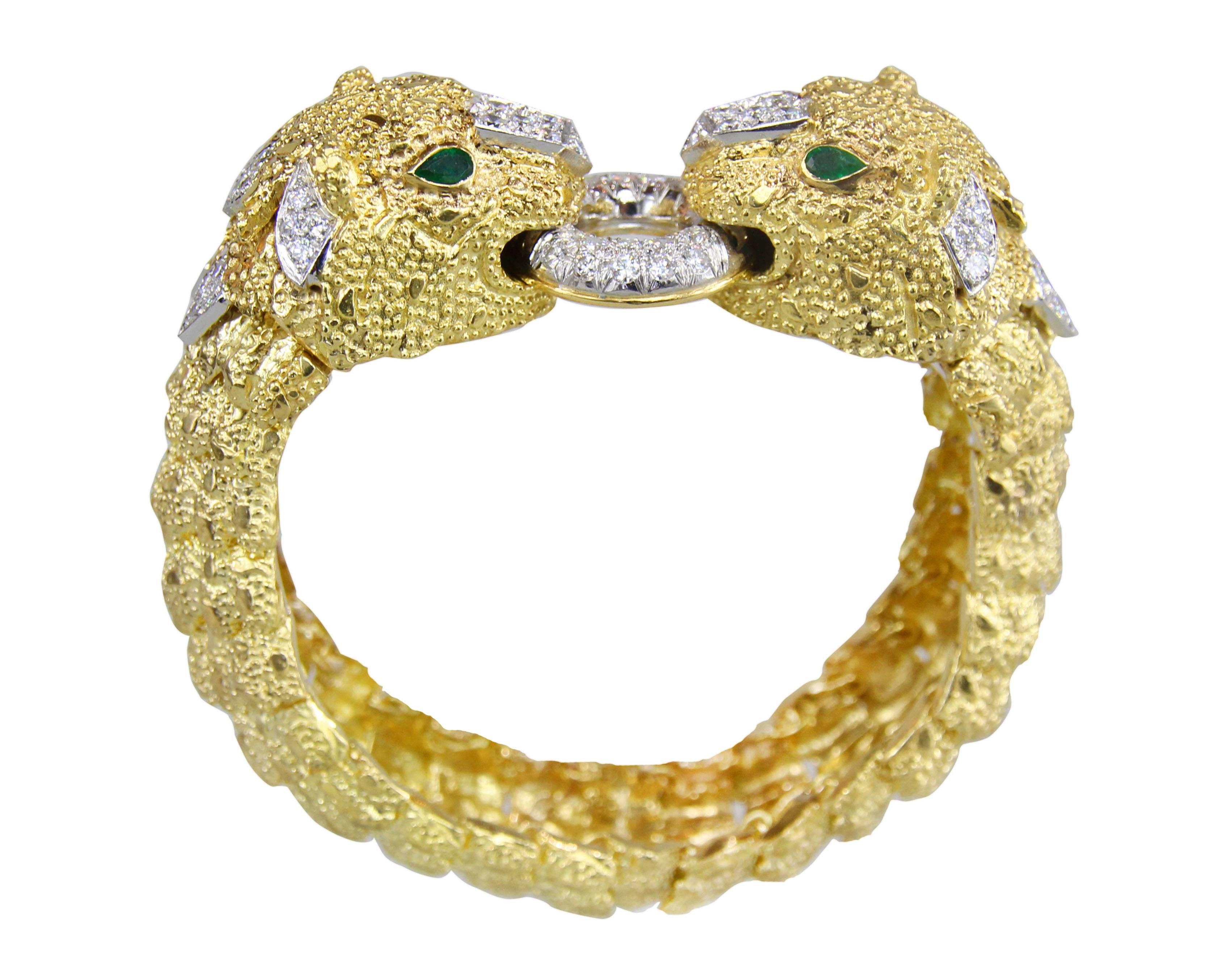 Modern Diamond Gold Panther Bracelet with Interchangeable Emerald Bead Section