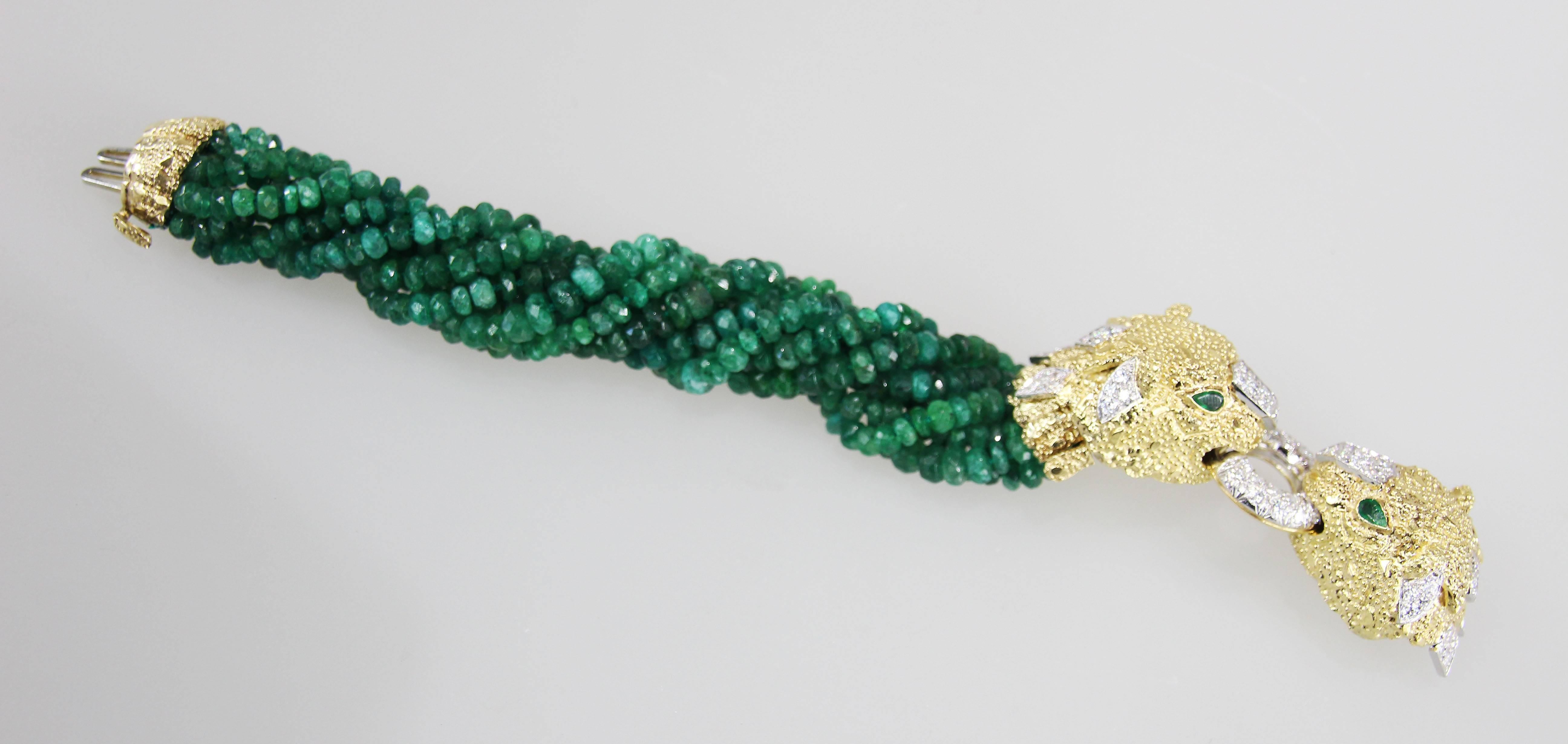 Round Cut Diamond Gold Panther Bracelet with Interchangeable Emerald Bead Section