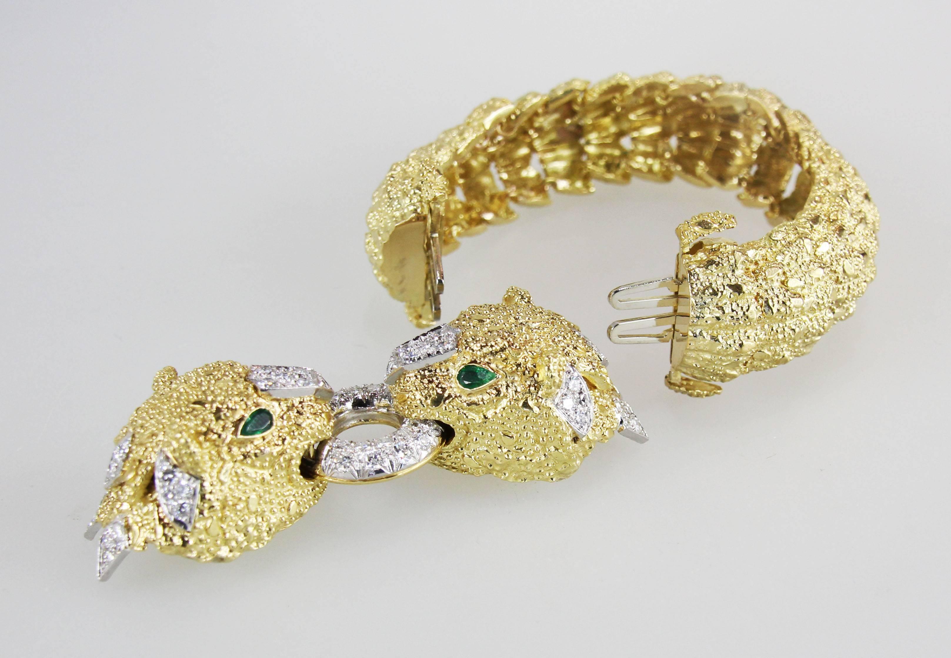 Women's Diamond Gold Panther Bracelet with Interchangeable Emerald Bead Section