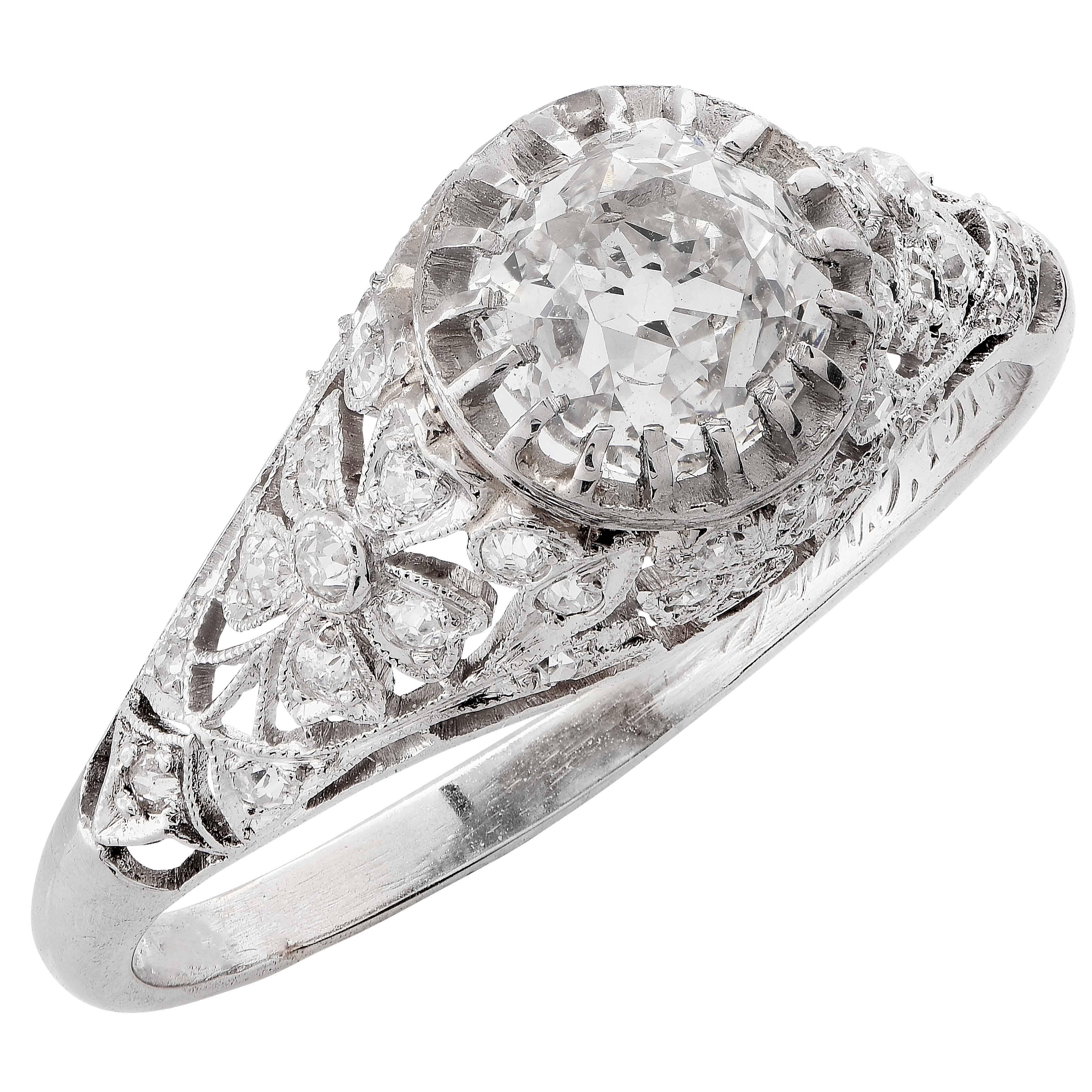 Women's Edwardian 1.31 Carat GIA Certified Mine Cut Diamond Platinum Engagement Ring