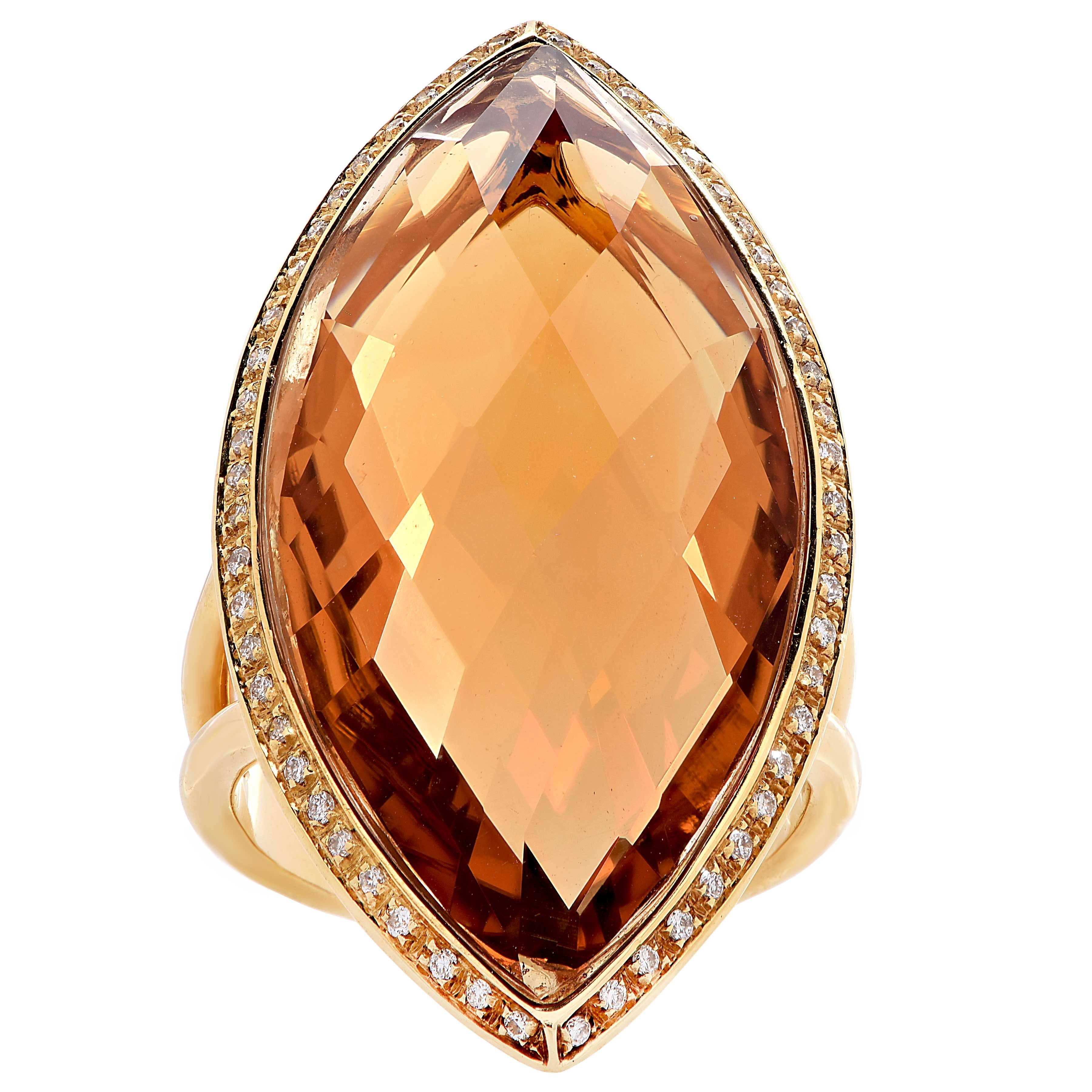 Marquise Cut 23 Carat Natural Citrine Diamond Yellow Gold Ring For Sale