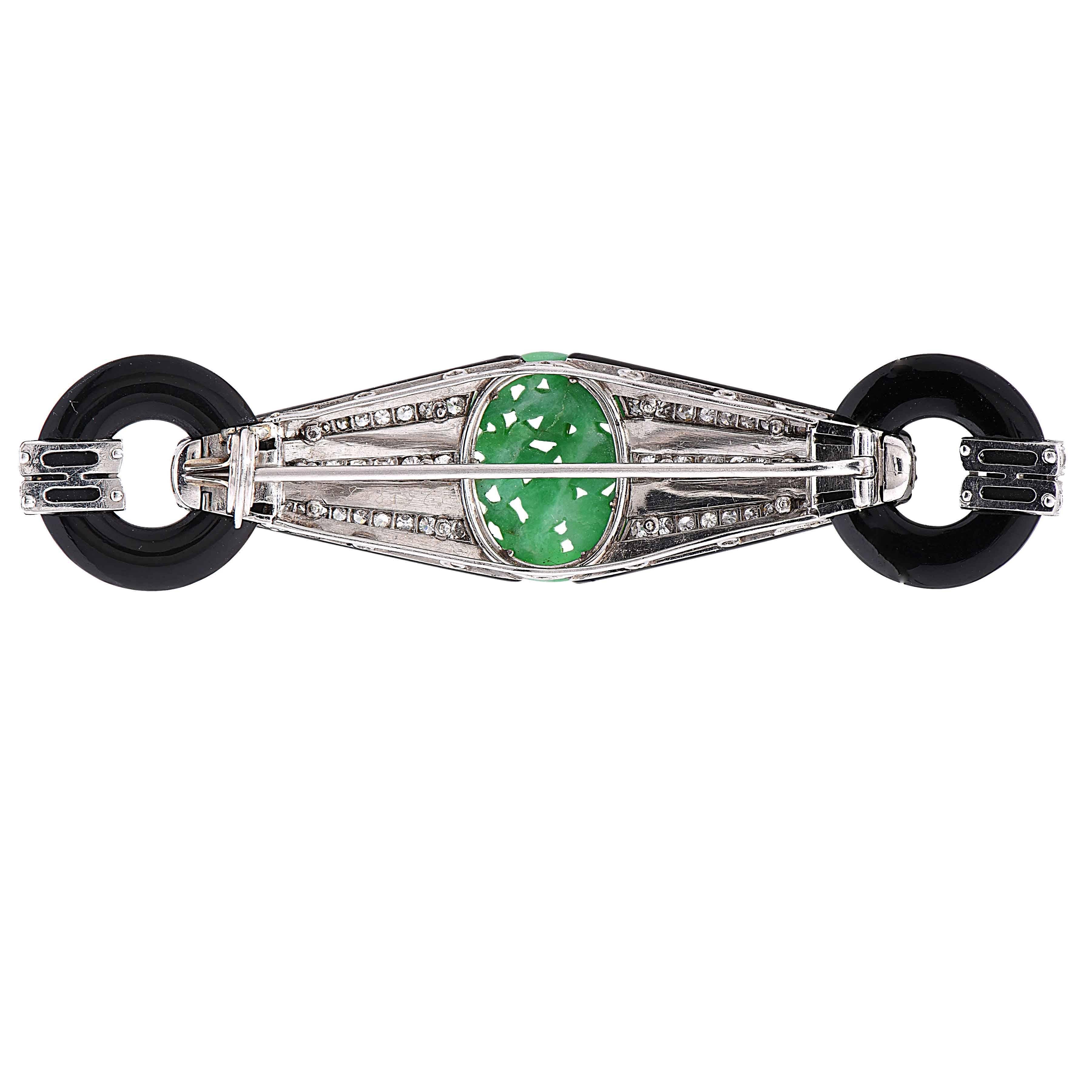 Women's French Art Deco Jade Enamel Onyx Diamond Platinum Brooch