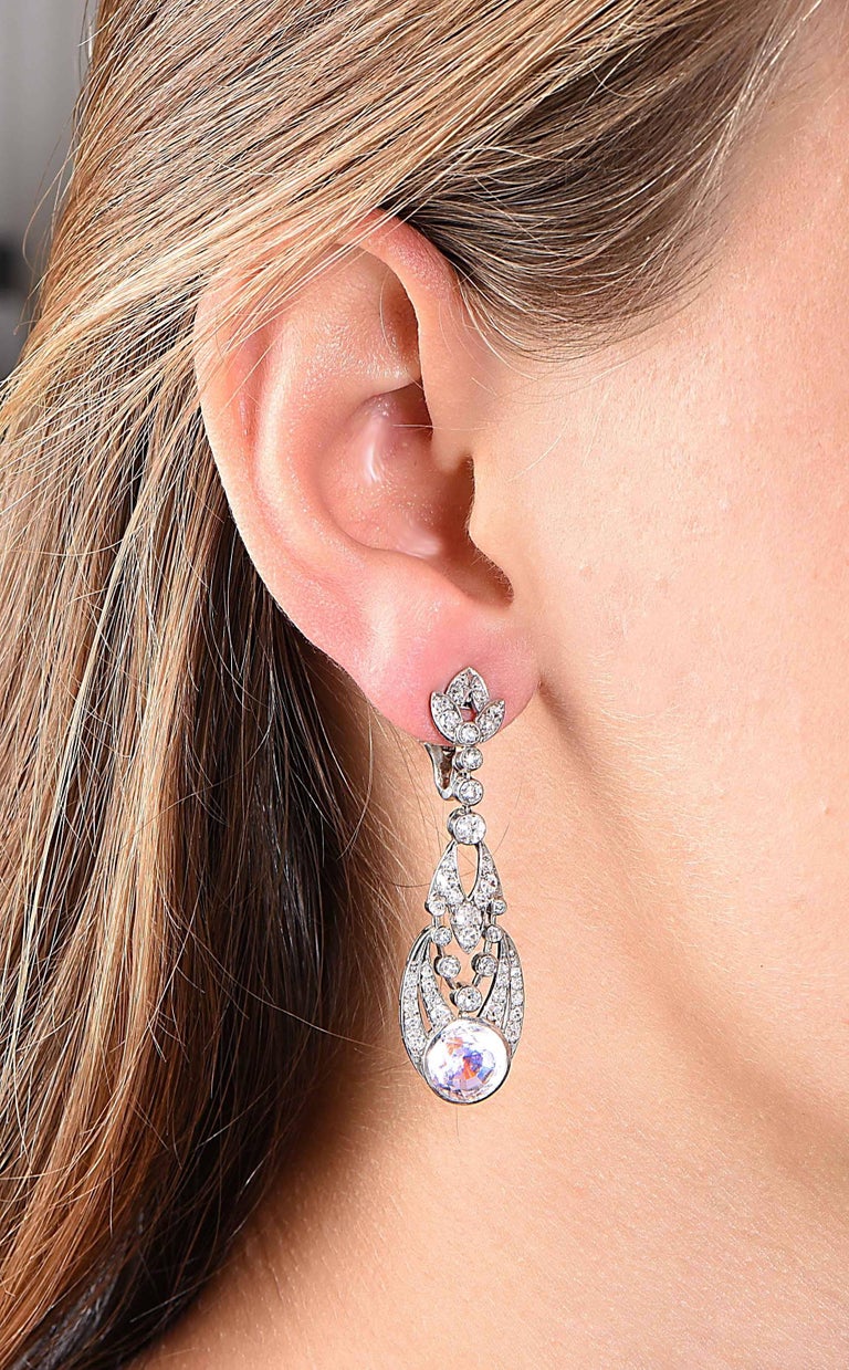 1900s Rose Quartz Diamond Platinum Ear Clips For Sale at 1stDibs