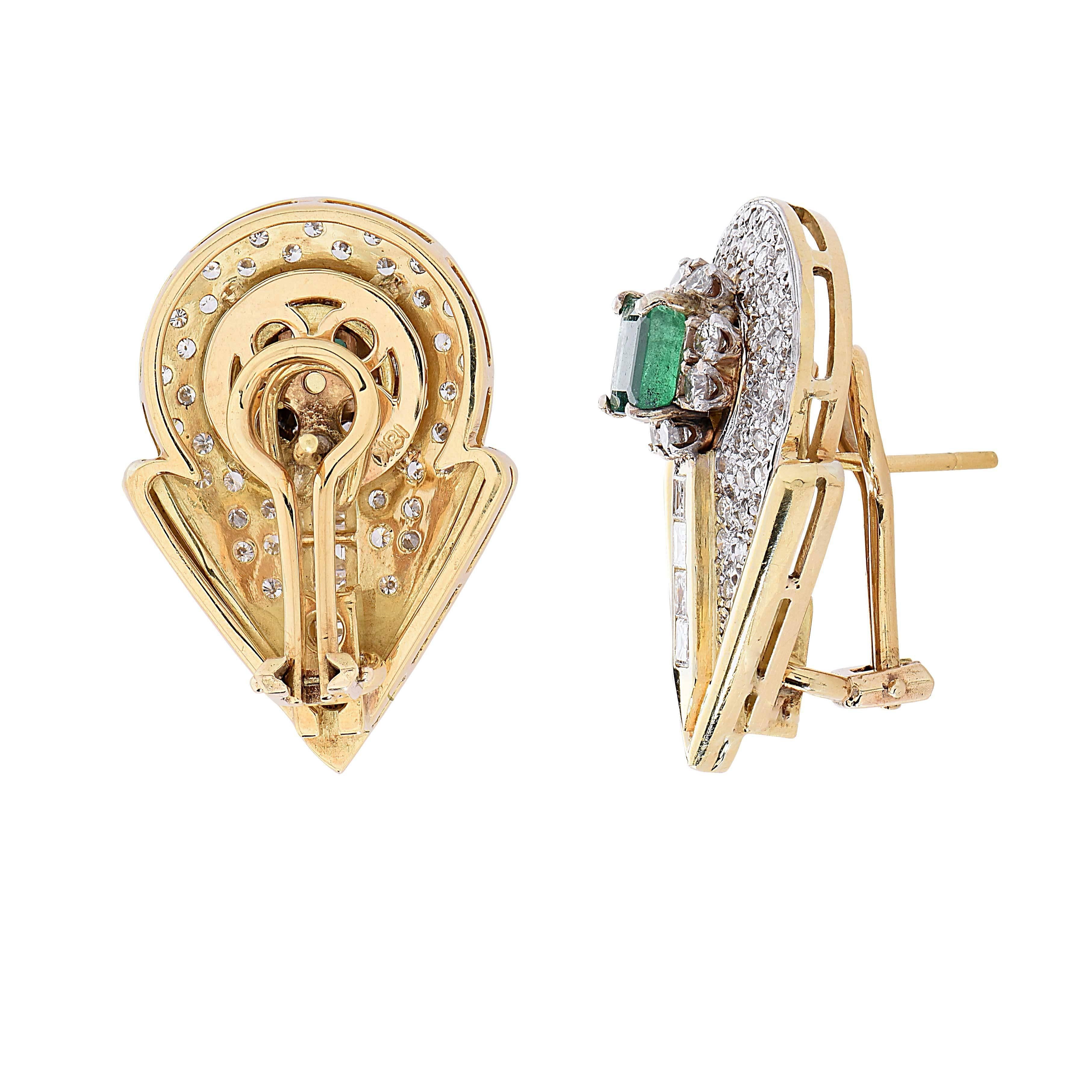 Women's Natural Emerald Diamond Yellow Gold Earrings