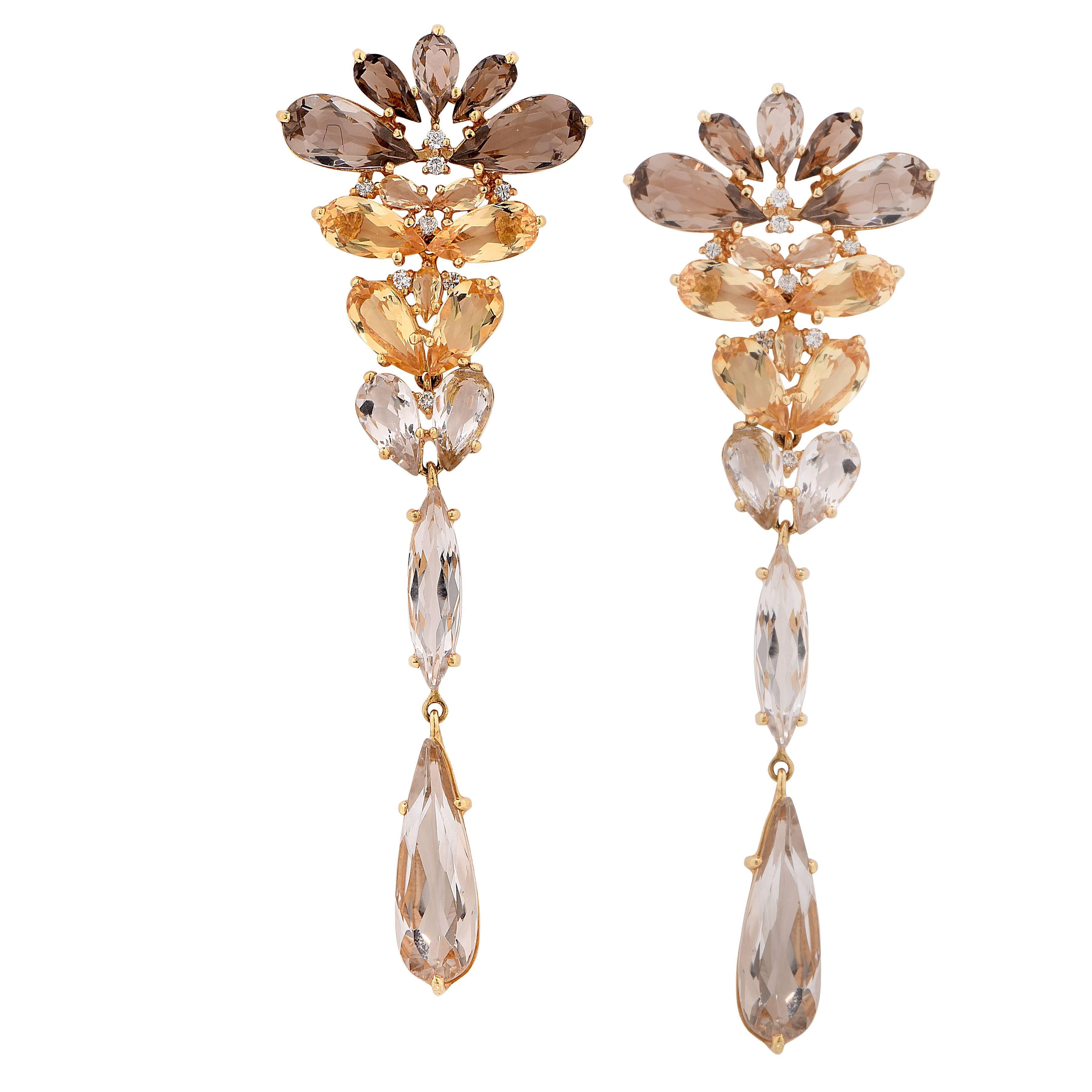 Smokey Quartz Citrine Diamond Yellow Gold Drop Earrings In New Condition For Sale In Bay Harbor Islands, FL