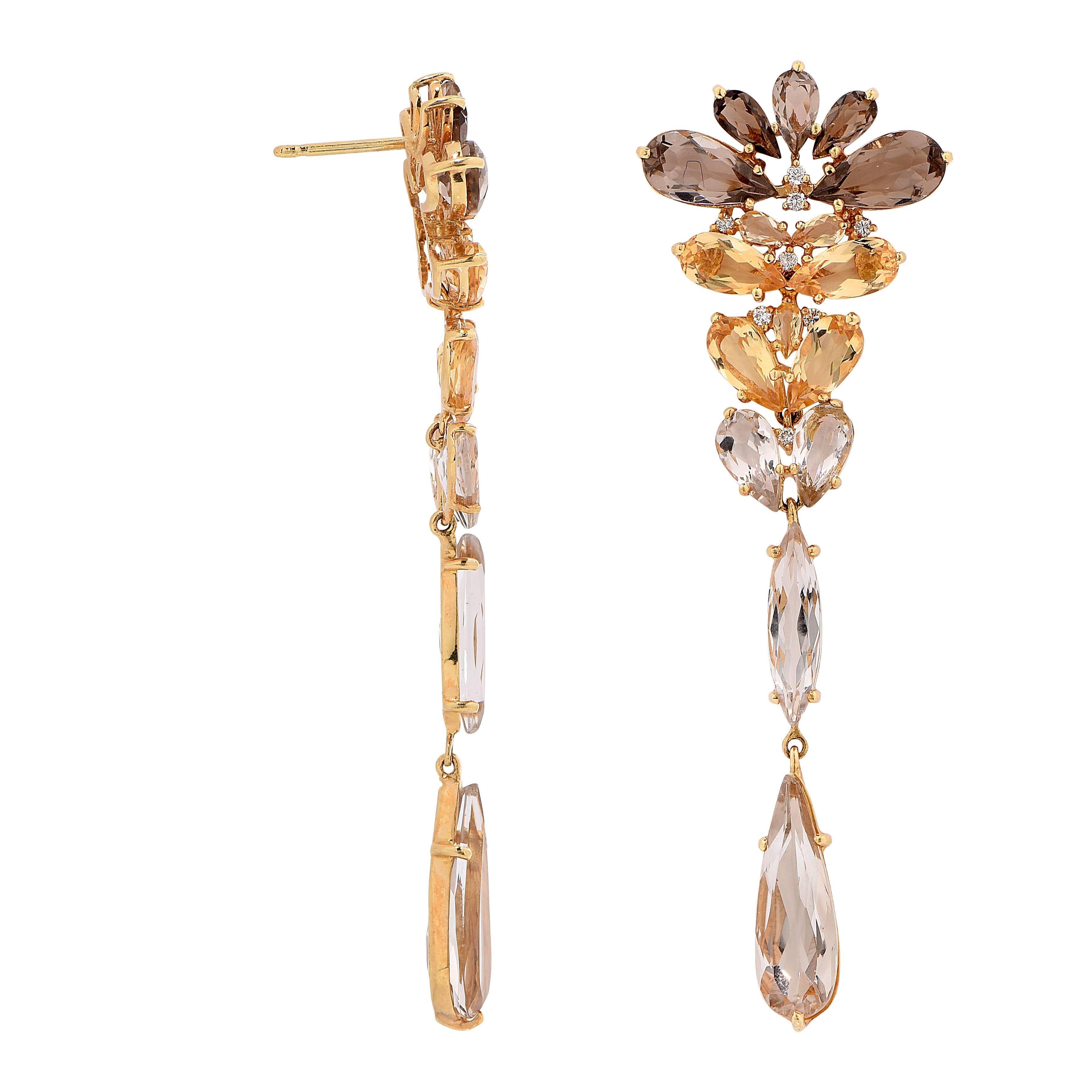 Women's Smokey Quartz Citrine Diamond Yellow Gold Drop Earrings For Sale