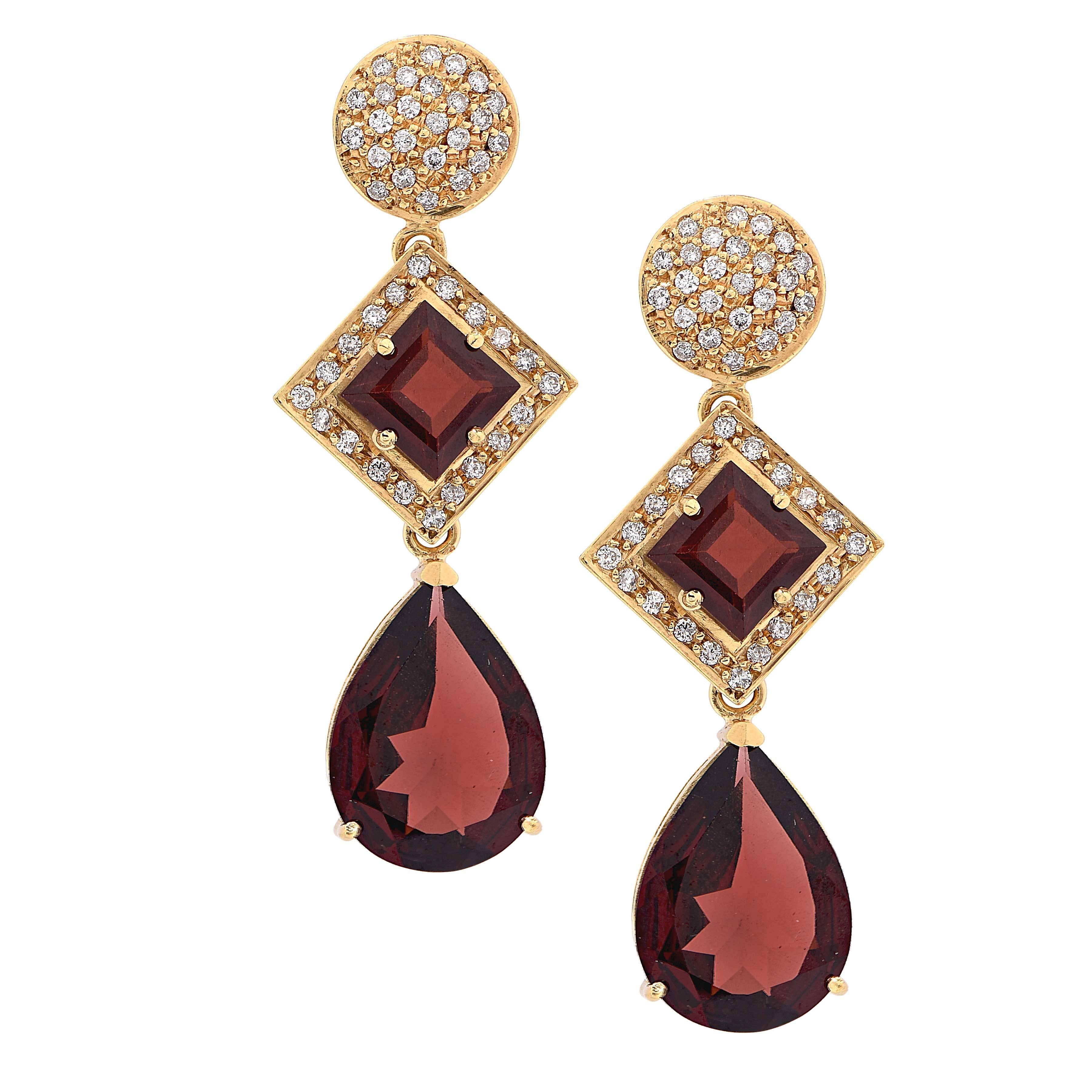 Mixed Cut Almandine Garnet Diamond Yellow Gold Drop Earrings For Sale