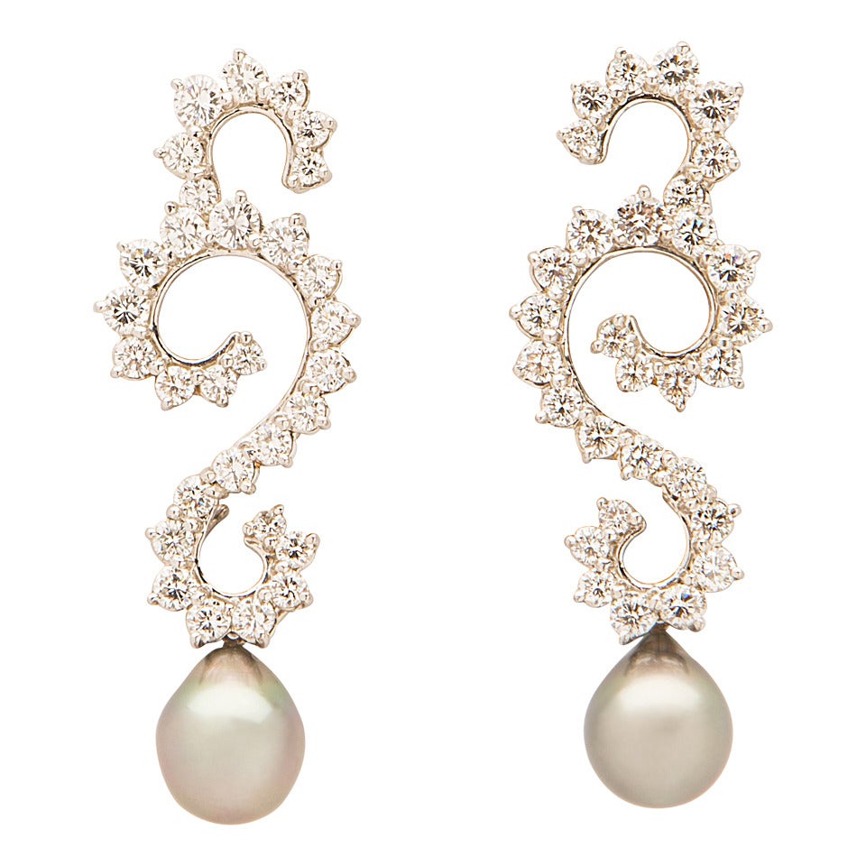 Angela Cummings Pearl Diamond Platinum drop Earrings at 1stDibs