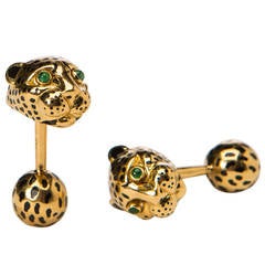 David Webb Classic Enamel Emerald Gold Panther Cufflinks