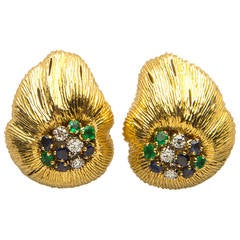 Vintage Oscar Heyman Sapphire Emerald Diamond Gold Earrings