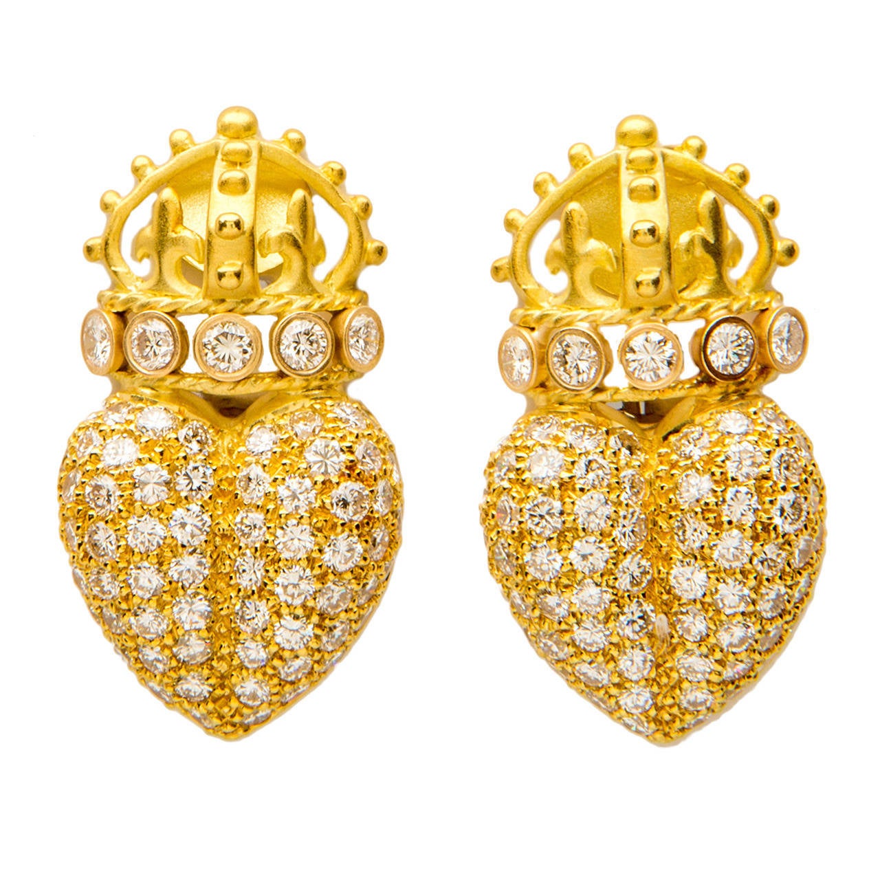 Heart and Crown Diamond Gold Earrings