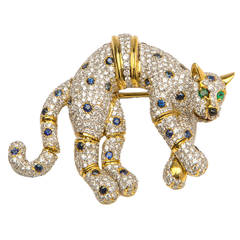 Elegant Sapphire Emerald Diamond Gold Panther Brooch