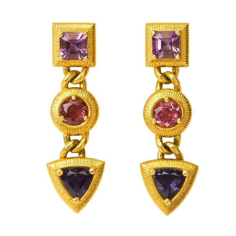 Paul Morelli Amethyst Tourmaline Tanzanite Gold Drop Earrings For Sale