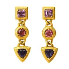 Retro Paul Morelli Amethyst Tourmaline Tanzanite Gold Drop Earrings