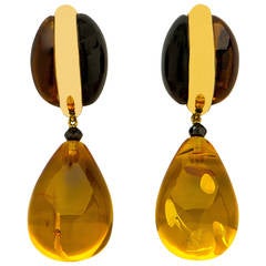 Elegant Black Onyx Amber Citrine Diamond Gold Drop Earrings